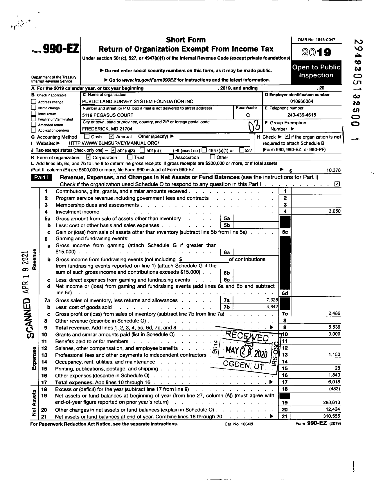 Image of first page of 2019 Form 990EZ for Public Land Survey System Foundation