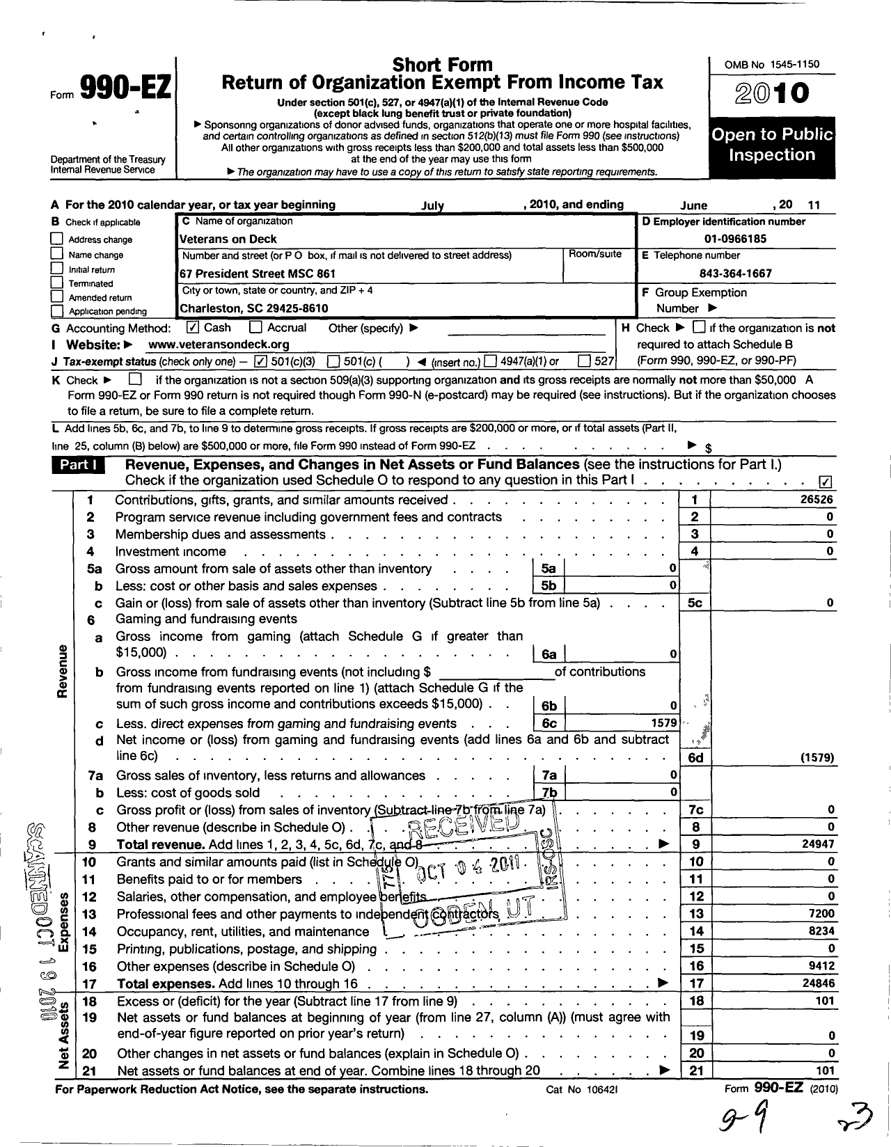 Image of first page of 2010 Form 990EZ for Veterans on Deck