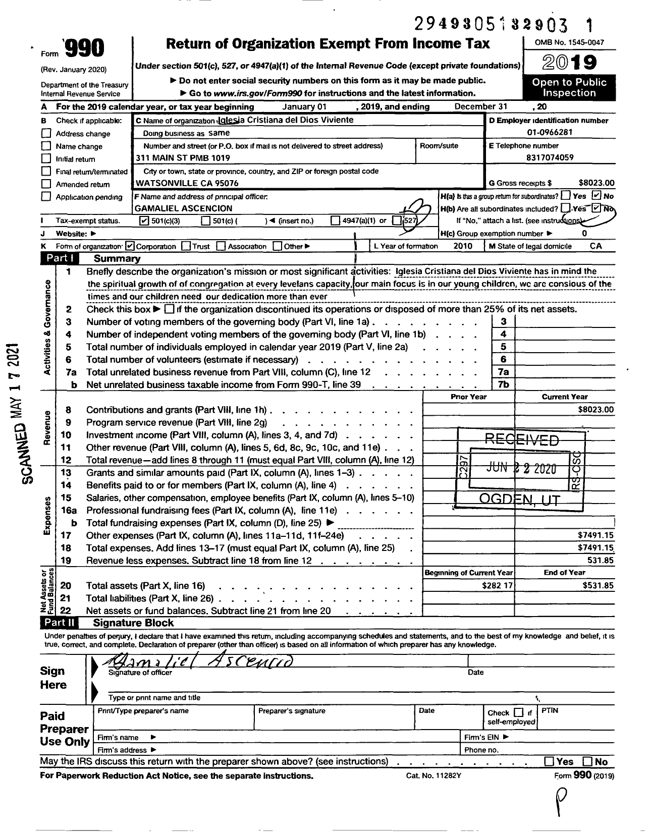 Image of first page of 2019 Form 990 for Iglesia Cristiana Del Dios Viviente