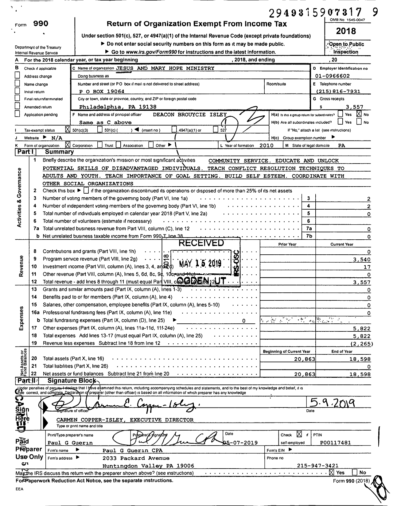 Image of first page of 2018 Form 990 for Jesus and Mary Hope Ministry (JMHM)