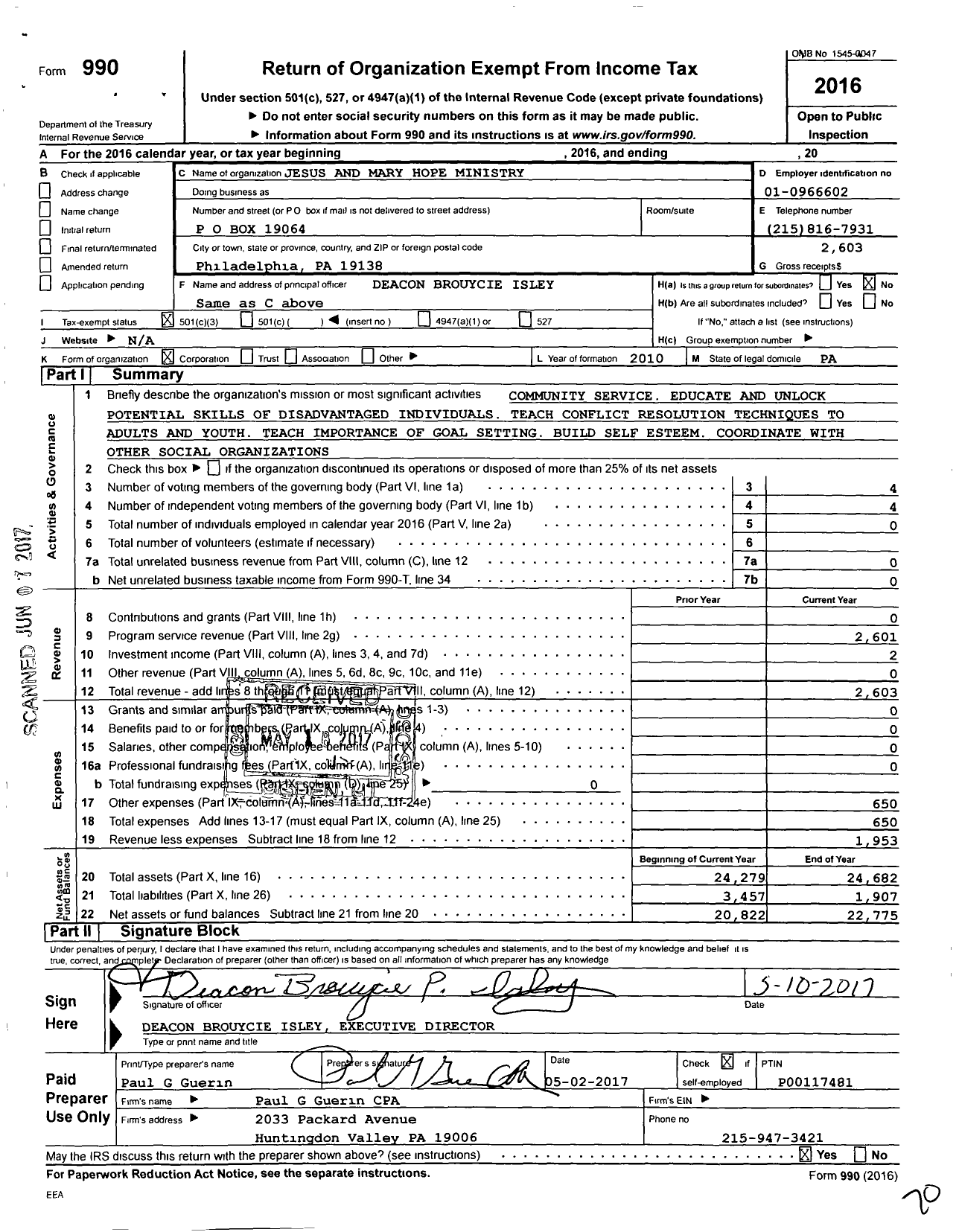 Image of first page of 2016 Form 990 for Jesus and Mary Hope Ministry (JMHM)