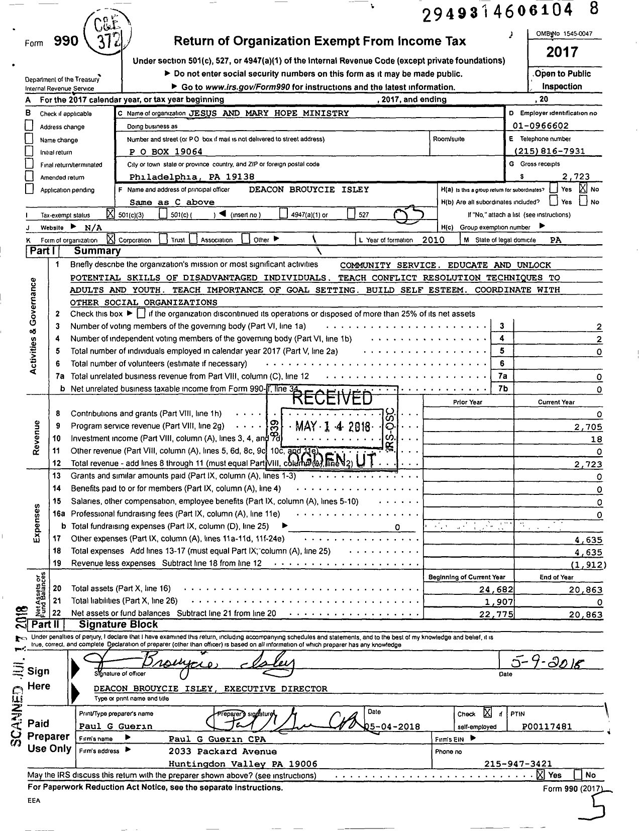 Image of first page of 2017 Form 990 for Jesus and Mary Hope Ministry (JMHM)