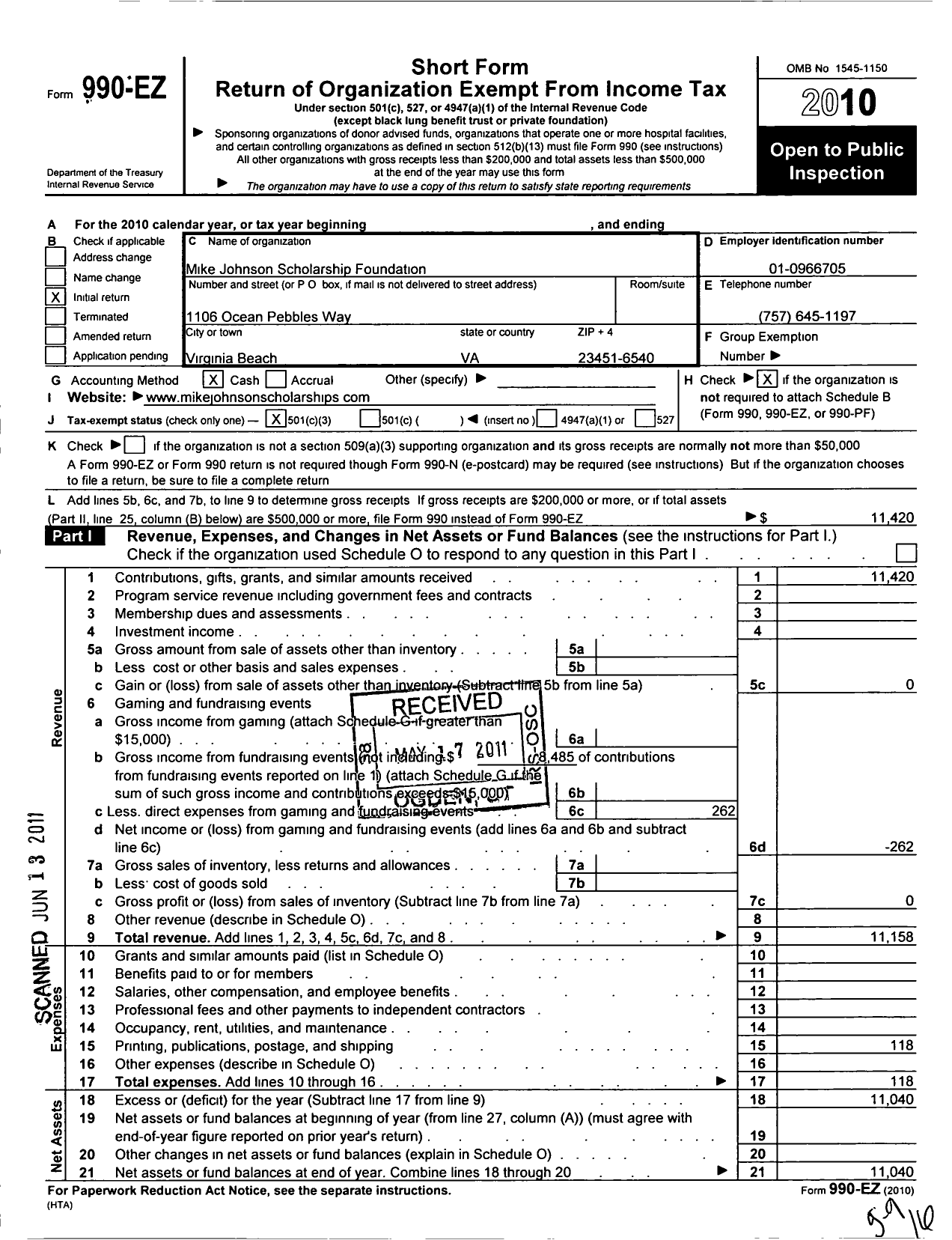 Image of first page of 2010 Form 990EZ for Mike Johnson Scholarship Foundation