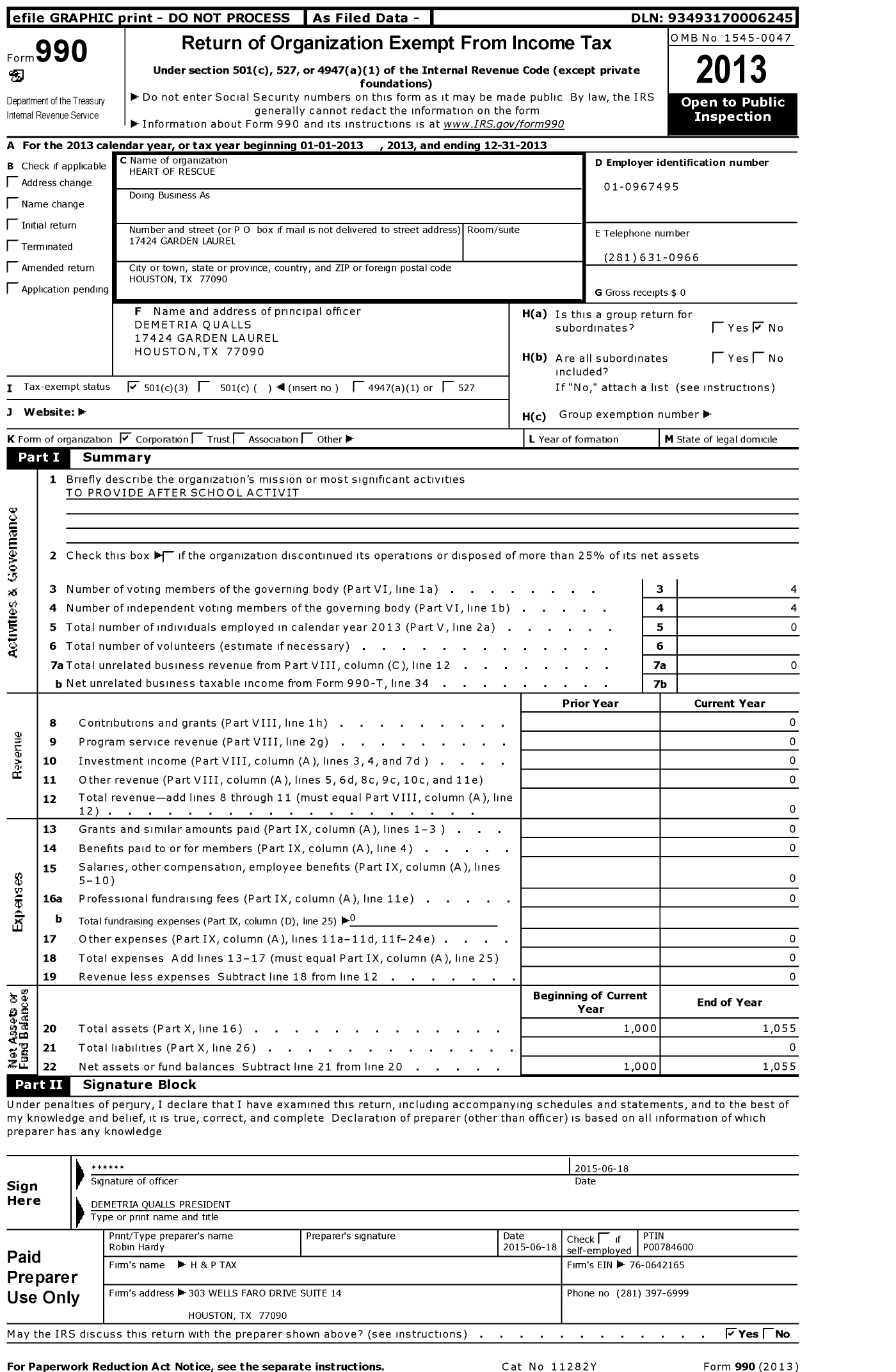 Image of first page of 2013 Form 990 for Hearts of Rescue