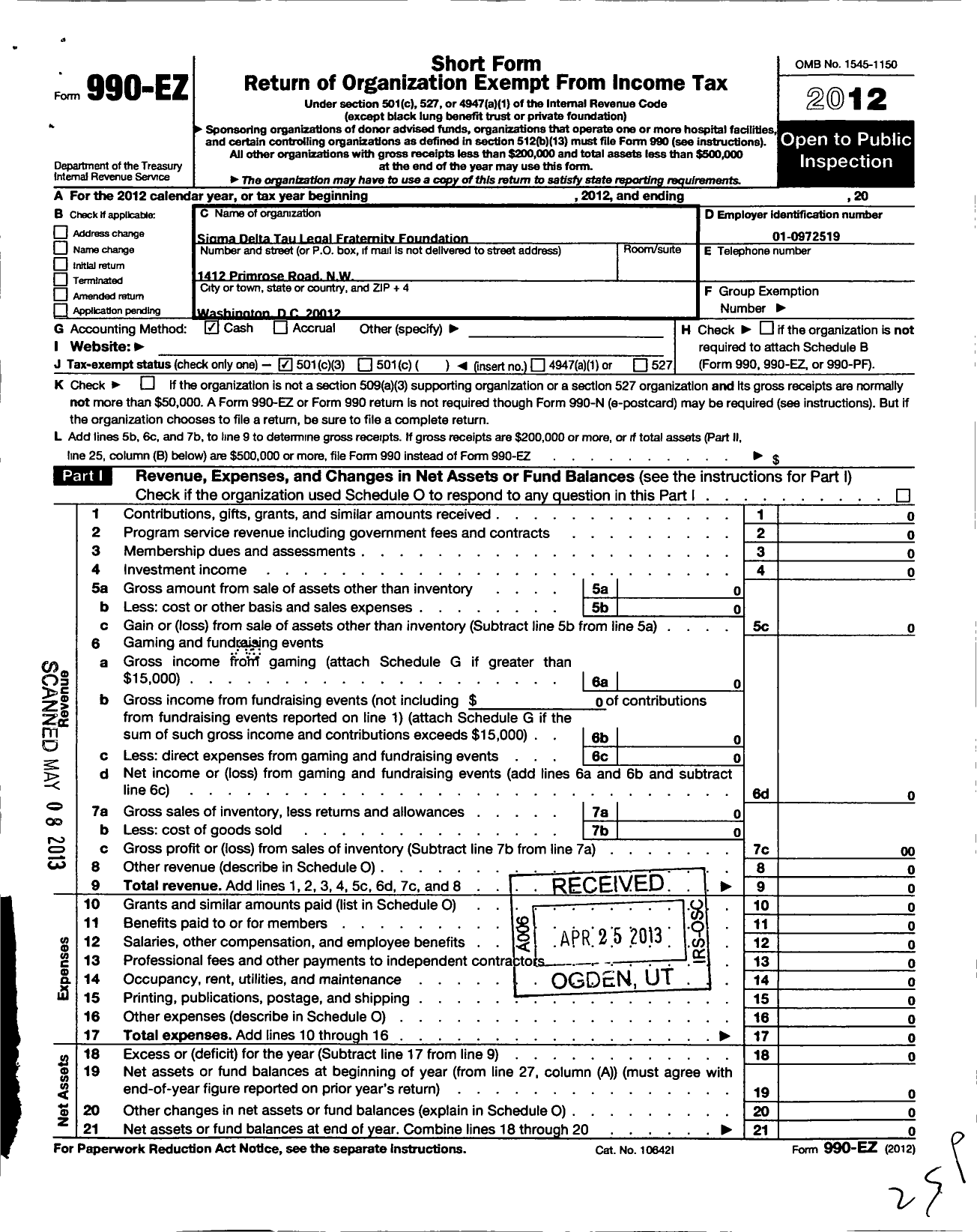 Image of first page of 2012 Form 990EZ for Sigma Delta Tau Legal Fraternity Foundation