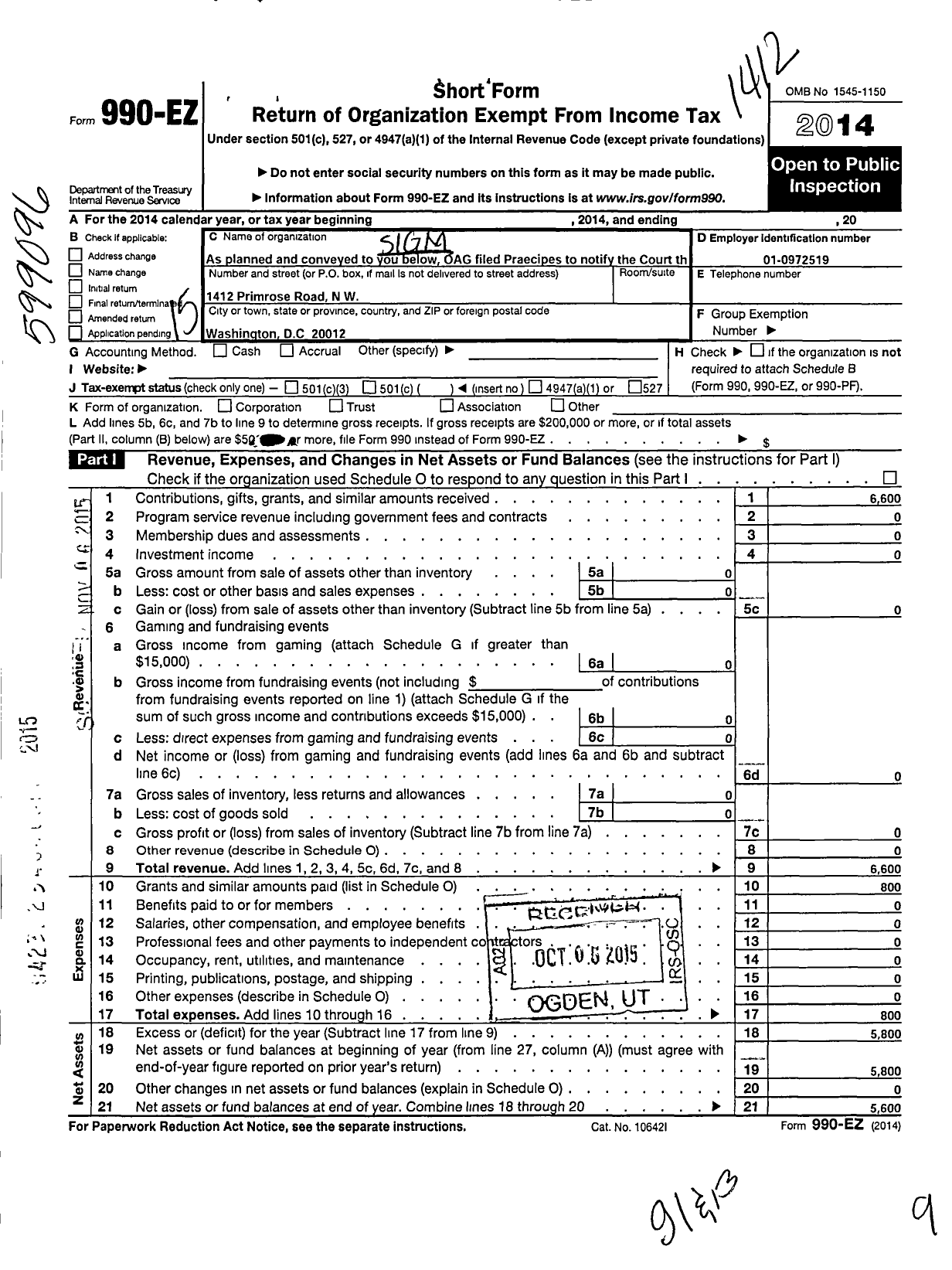 Image of first page of 2014 Form 990EO for Sigma Delta Tau Legal Fraternity Foundation