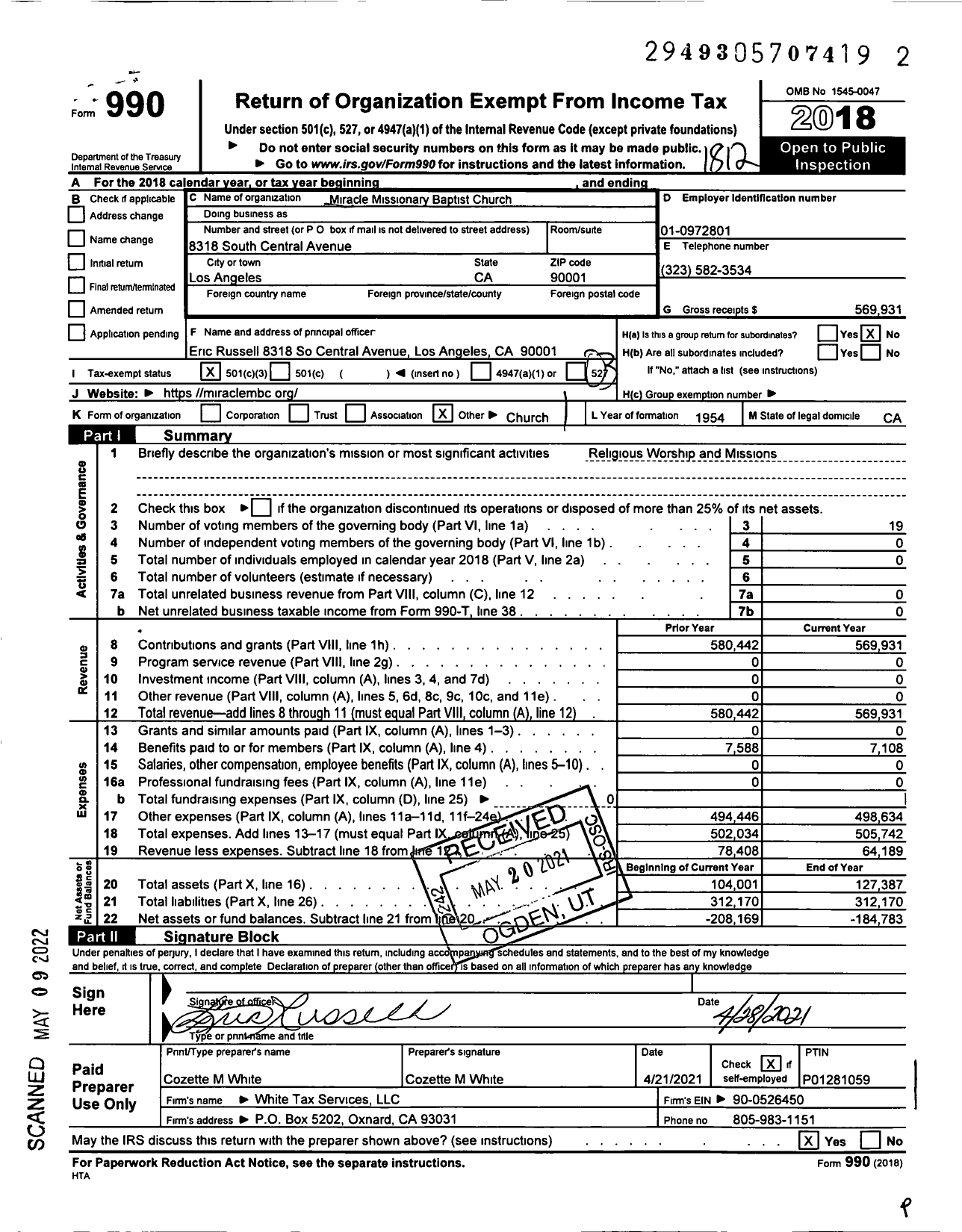 Image of first page of 2018 Form 990 for Miracle Missionary Baptist Church