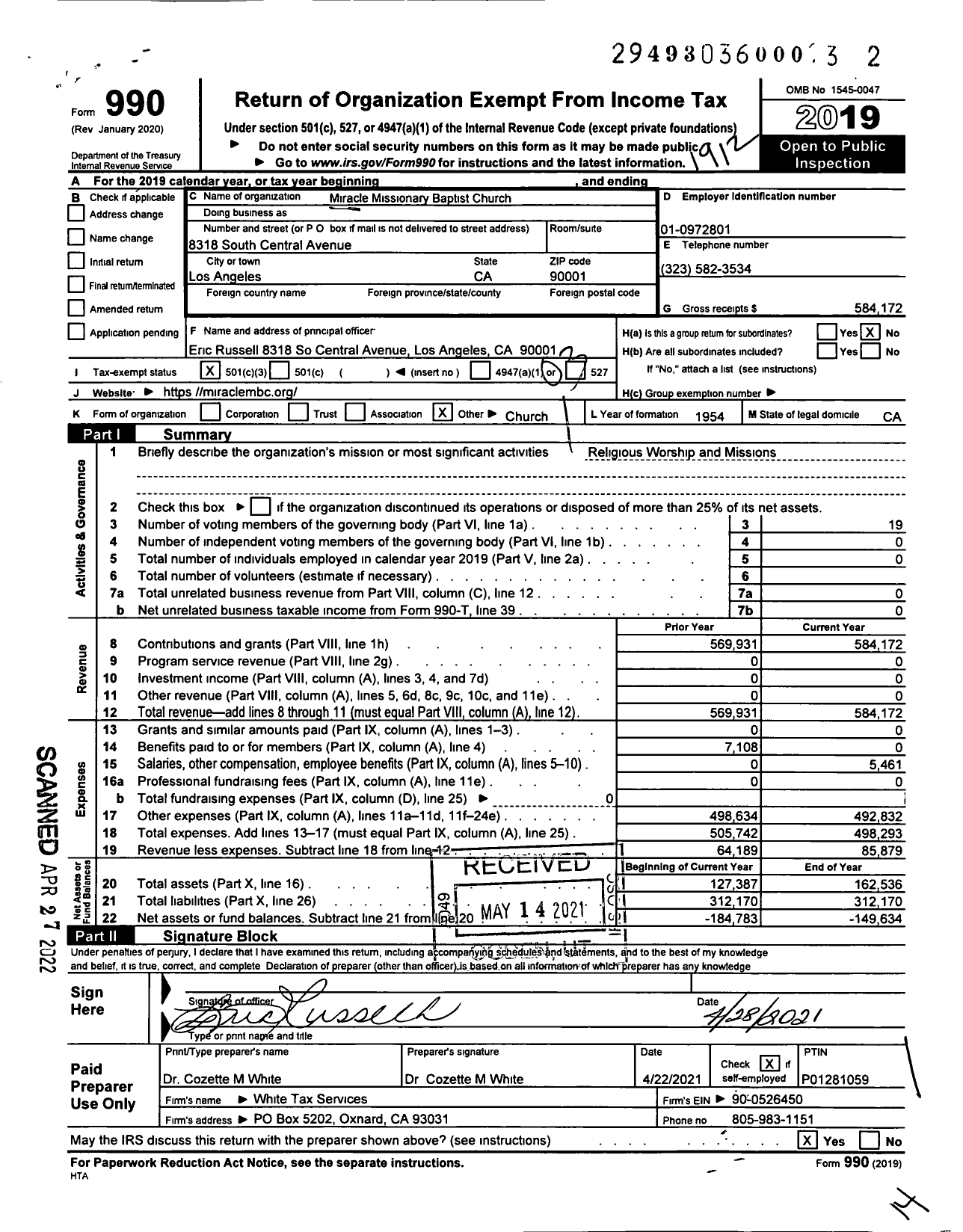 Image of first page of 2019 Form 990 for Miracle Missionary Baptist Church