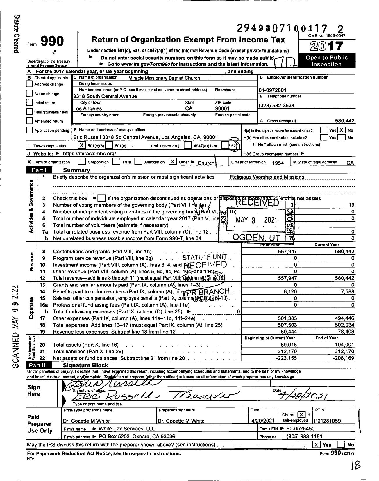 Image of first page of 2017 Form 990 for Miracle Missionary Baptist Church