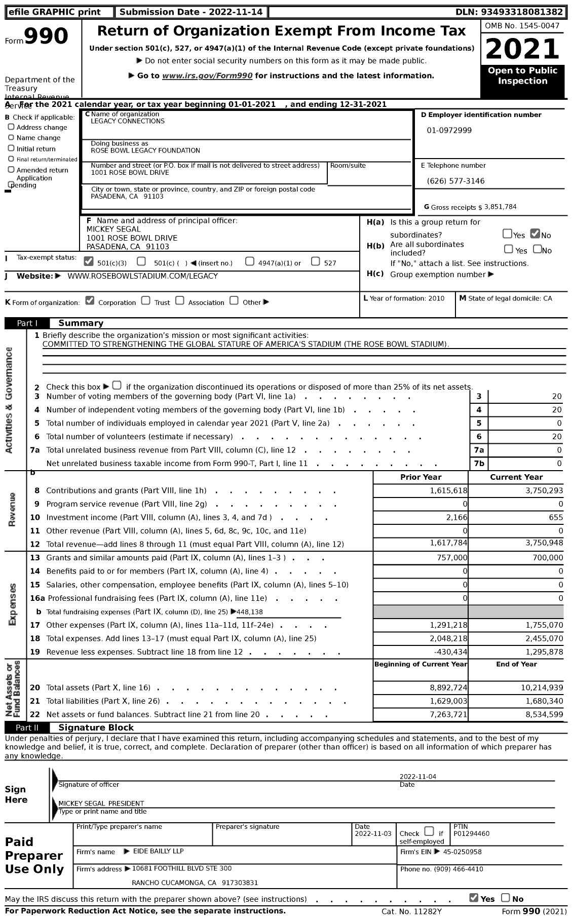 Image of first page of 2021 Form 990 for Rose Bowl Legacy Foundation