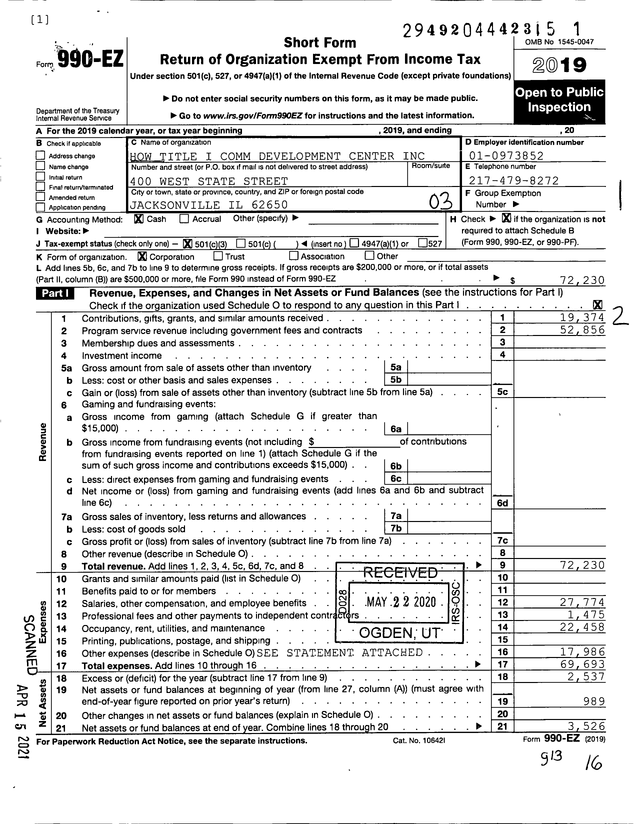 Image of first page of 2019 Form 990EZ for How Title I Comm Development Center