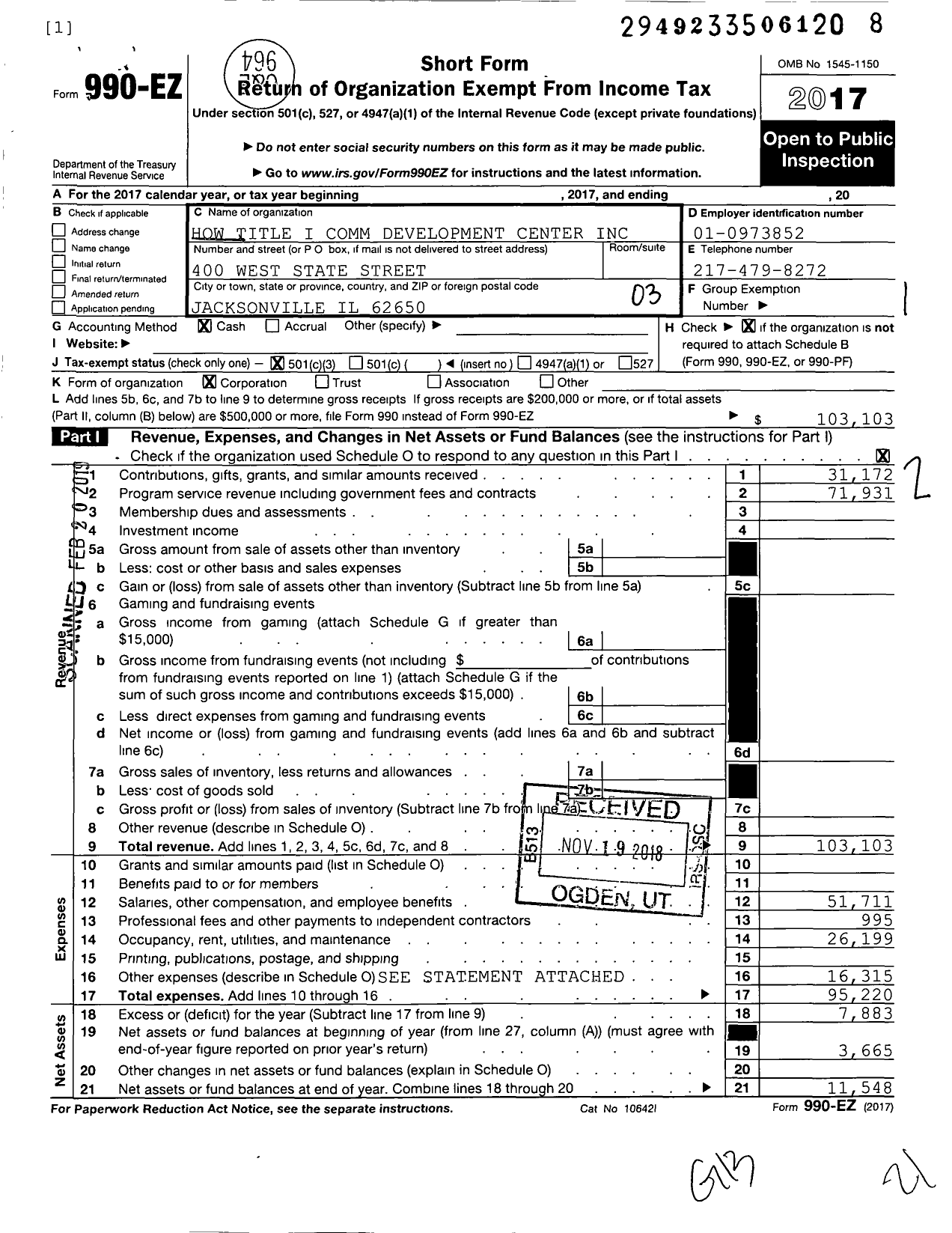 Image of first page of 2017 Form 990EZ for How Title I Comm Development Center