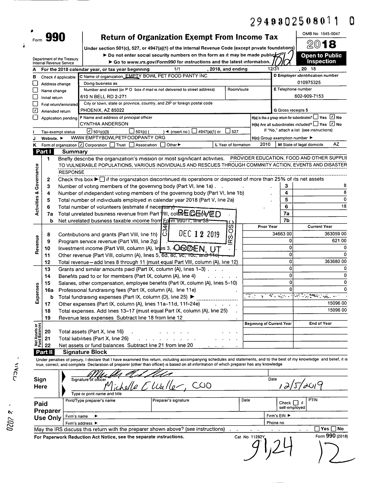 Image of first page of 2018 Form 990 for Animals and Humans in Disaster