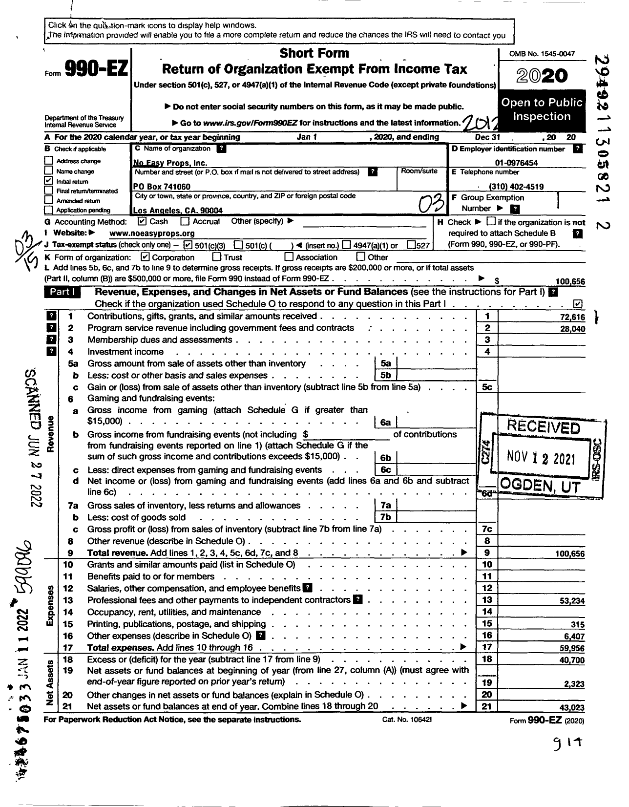 Image of first page of 2020 Form 990EZ for No Easy Props