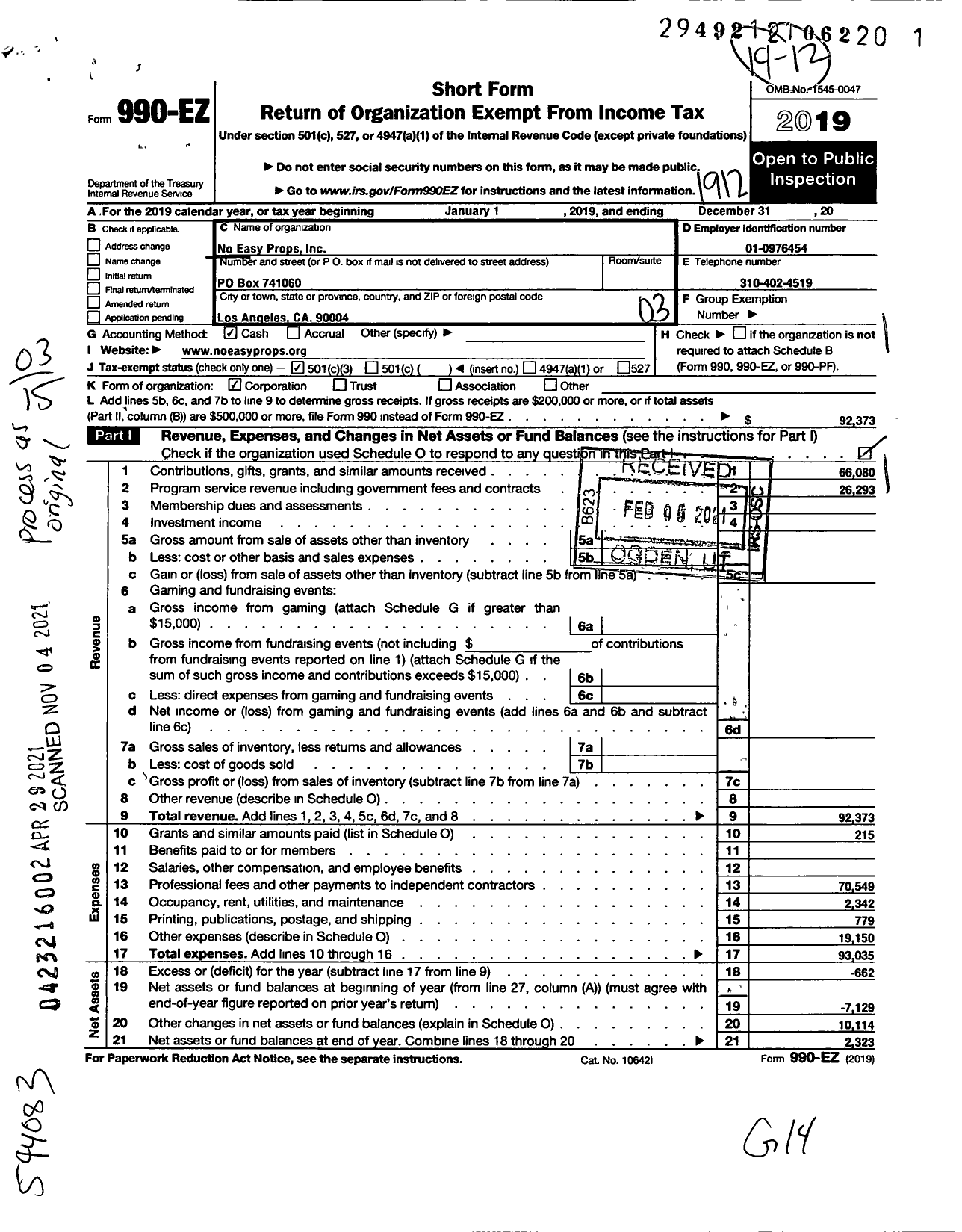 Image of first page of 2019 Form 990EZ for No Easy Props