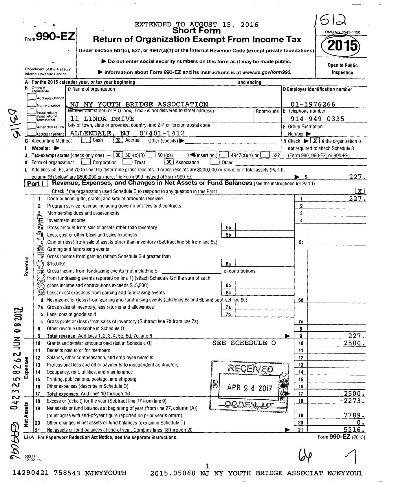 Image of first page of 2015 Form 990EZ for NJ Ny Youth Bridge Association