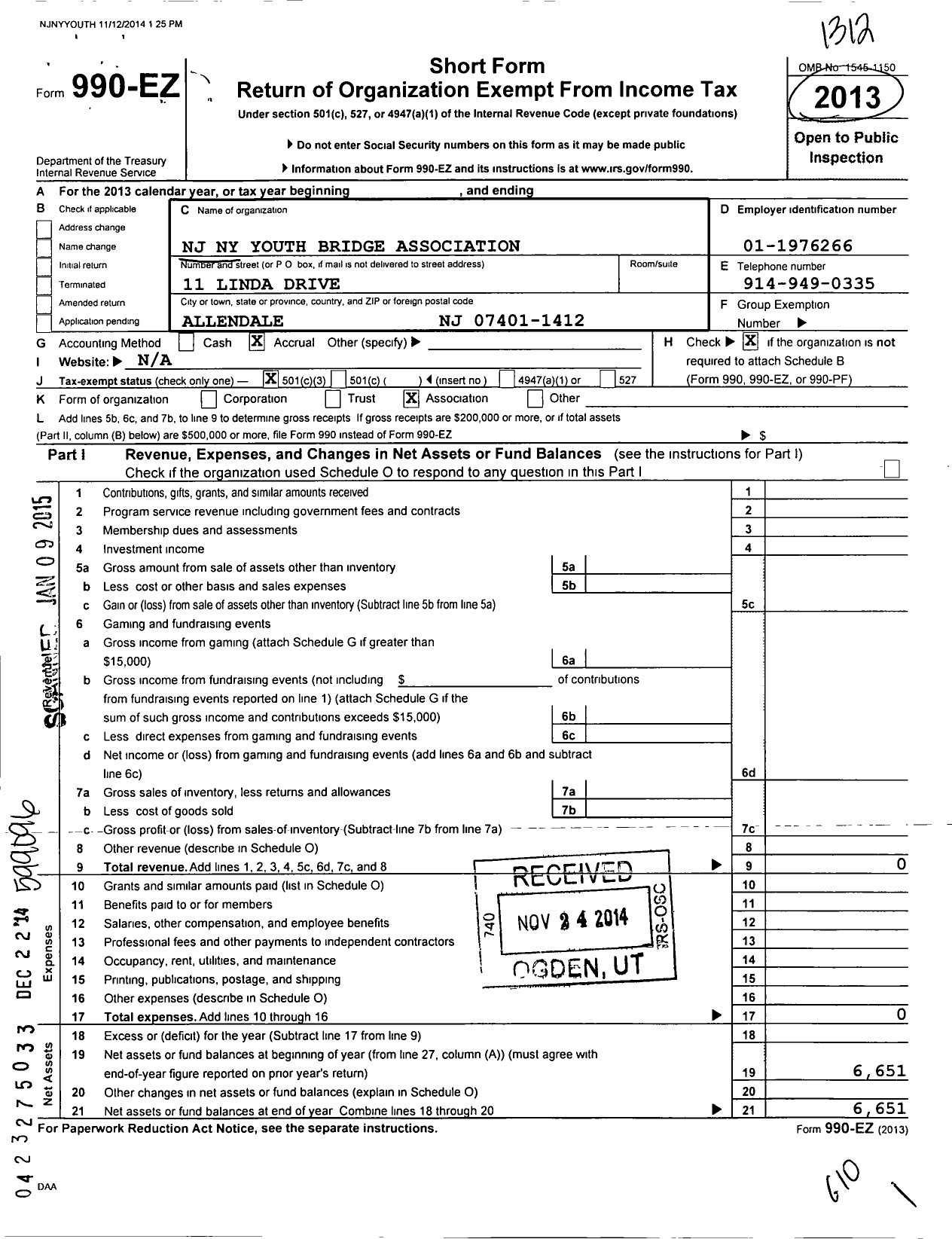 Image of first page of 2013 Form 990EZ for NJ Ny Youth Bridge Association