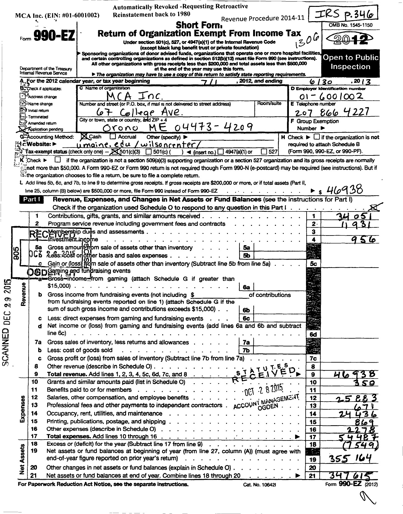 Image of first page of 2012 Form 990EZ for Mca