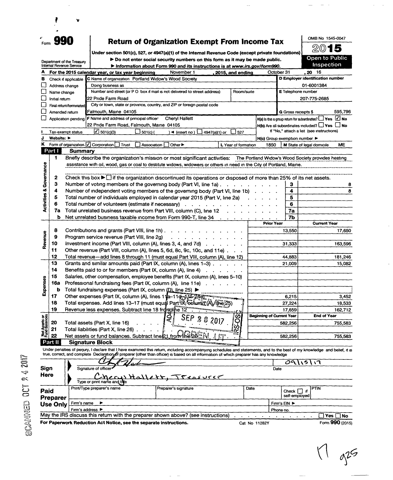 Image of first page of 2015 Form 990 for Portland Widows Wood Society