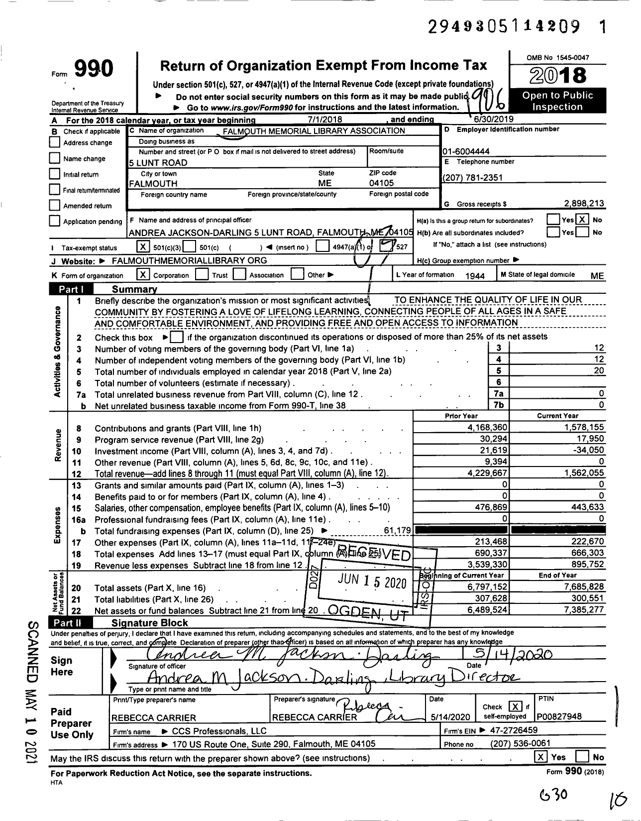 Image of first page of 2018 Form 990 for Falmouth Memorial Library Association