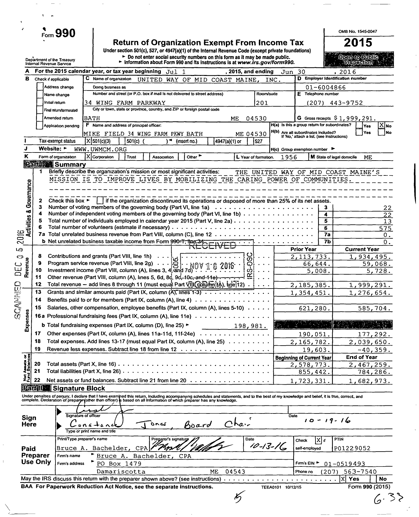 Image of first page of 2015 Form 990 for United Way of Mid Coast Maine