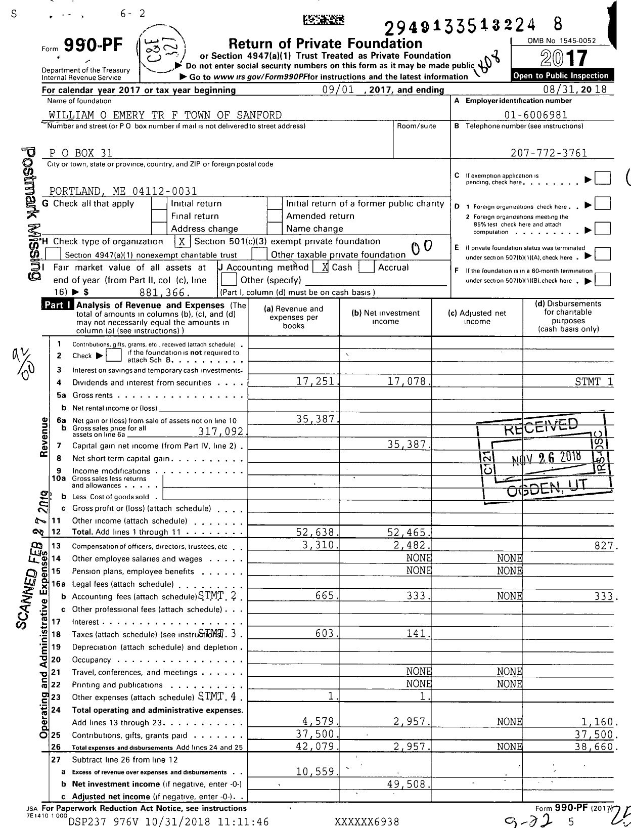 Image of first page of 2017 Form 990PF for William O Emery TR F Town of Sanford