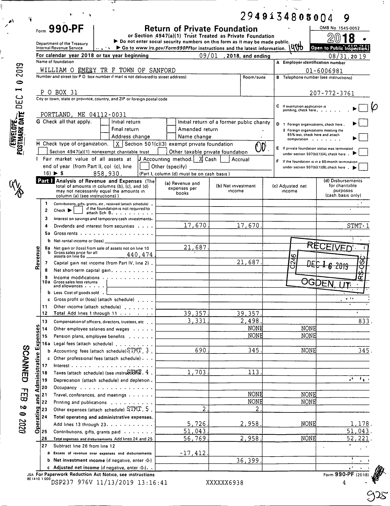 Image of first page of 2018 Form 990PF for William O Emery TR F Town of Sanford