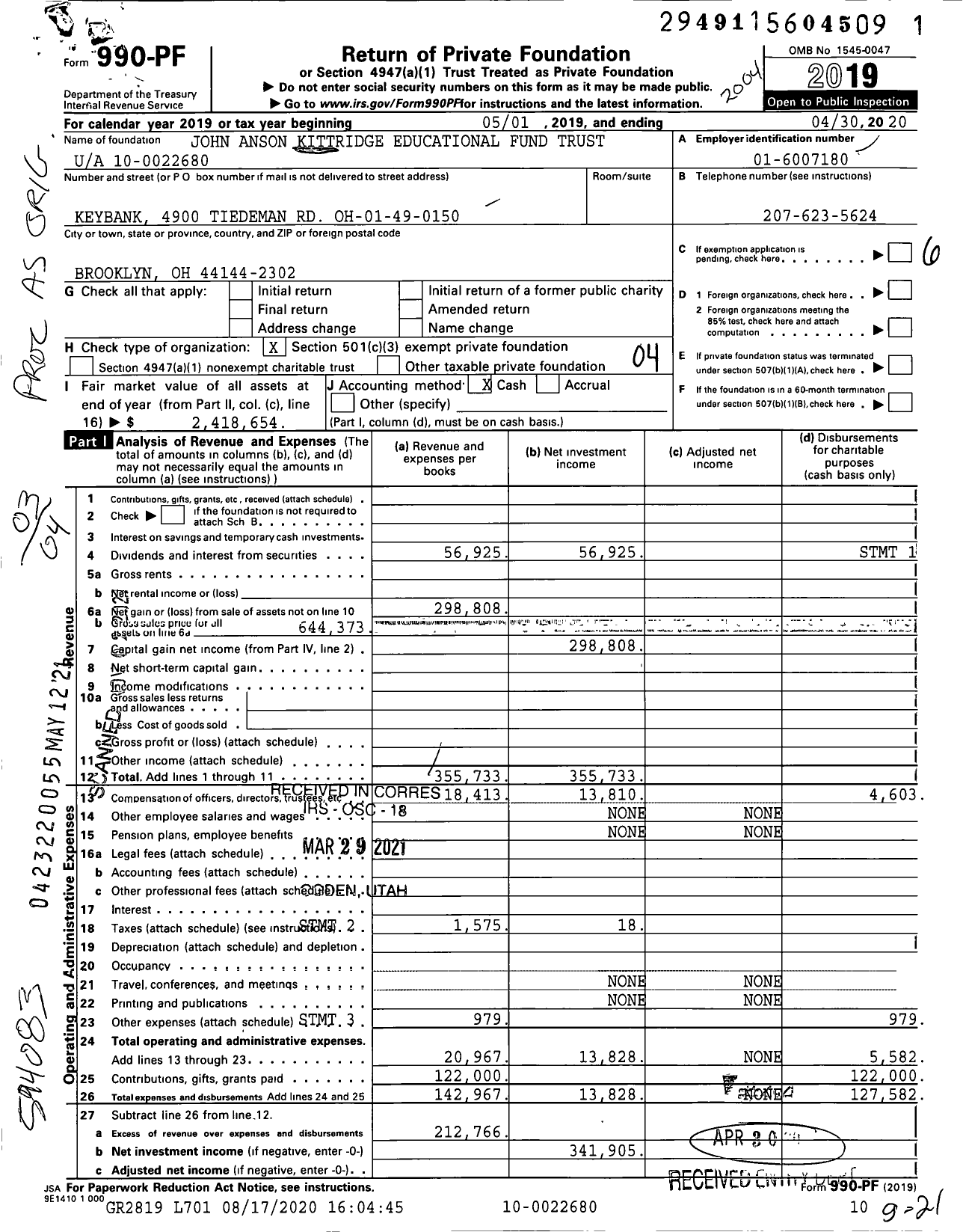 Image of first page of 2019 Form 990PF for John Anson Kittridge Educational Fund Trust