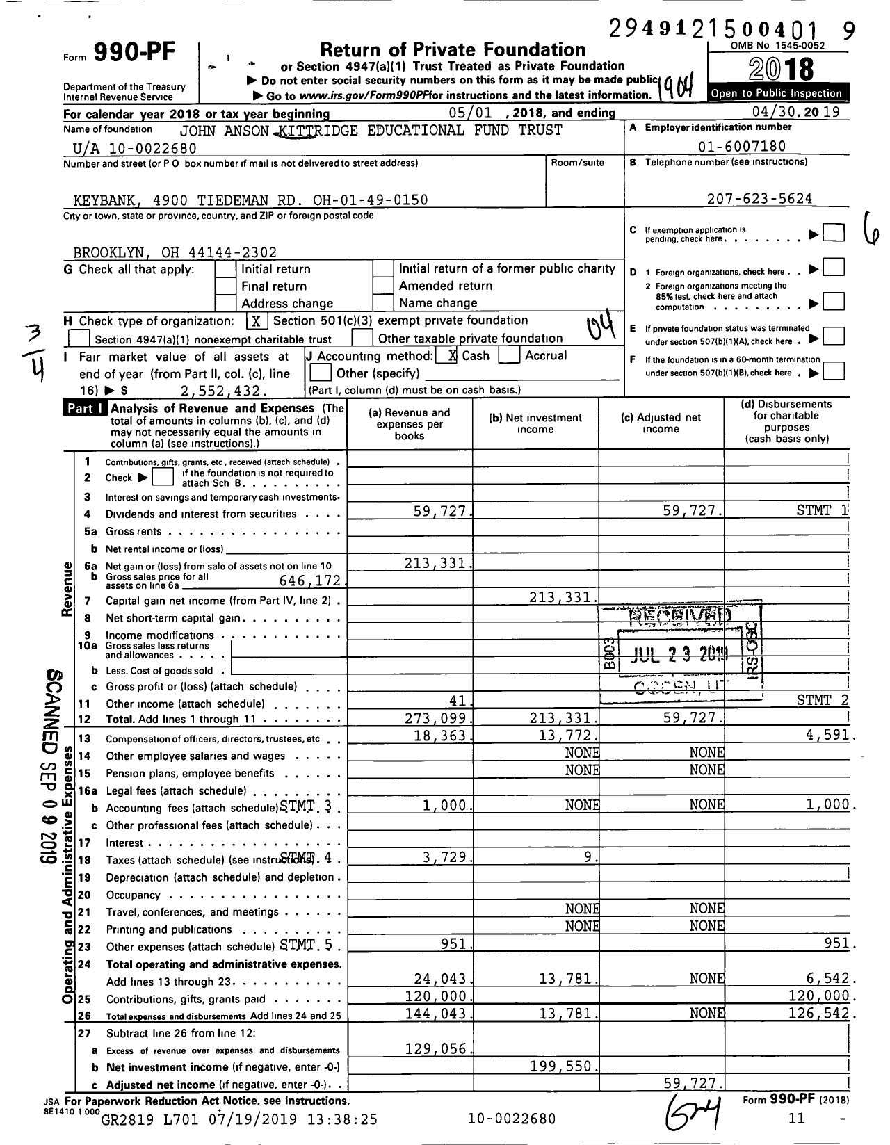 Image of first page of 2018 Form 990PF for John Anson Kittridge Educational Fund Trust