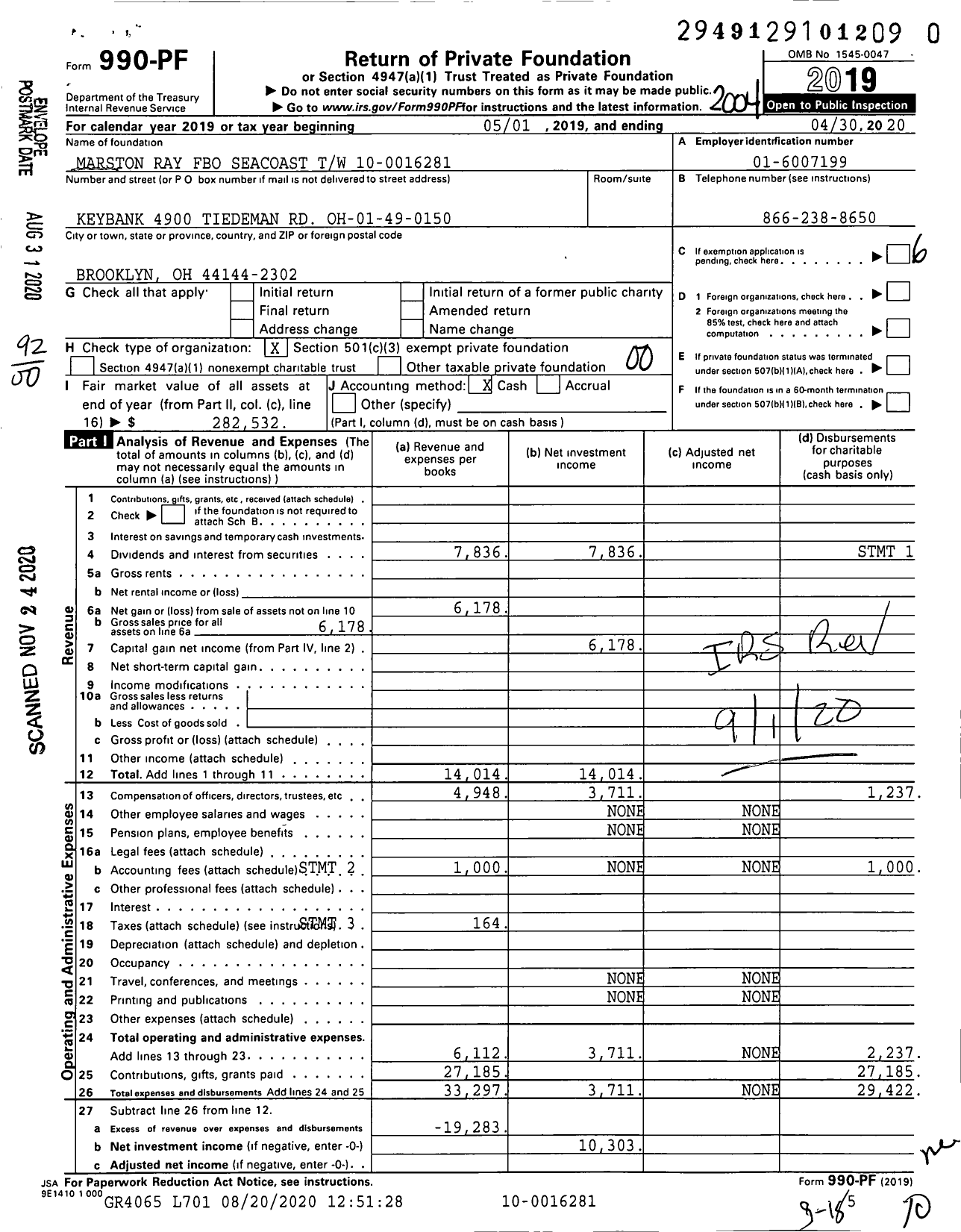 Image of first page of 2019 Form 990PF for Marston Ray Fbo Seacoast TW