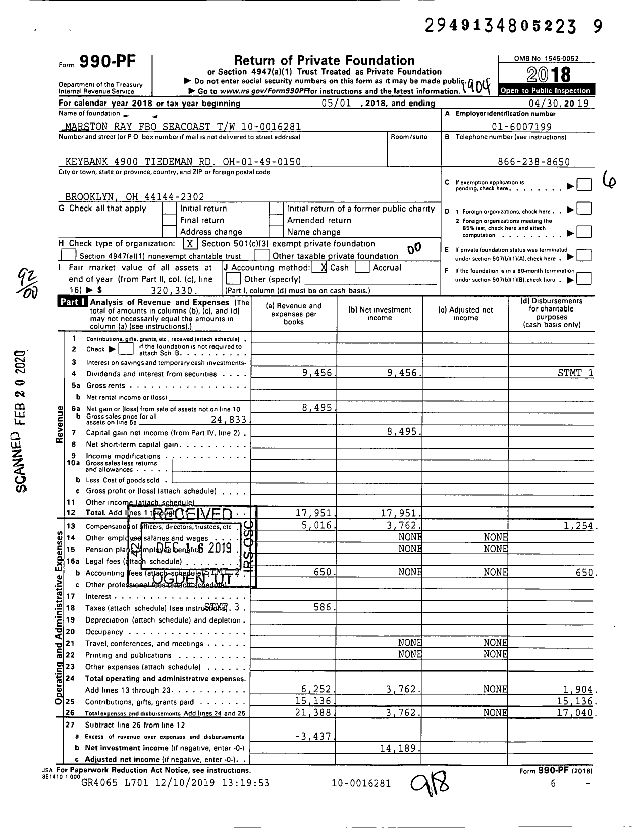 Image of first page of 2018 Form 990PF for Marston Ray Fbo Seacoast TW