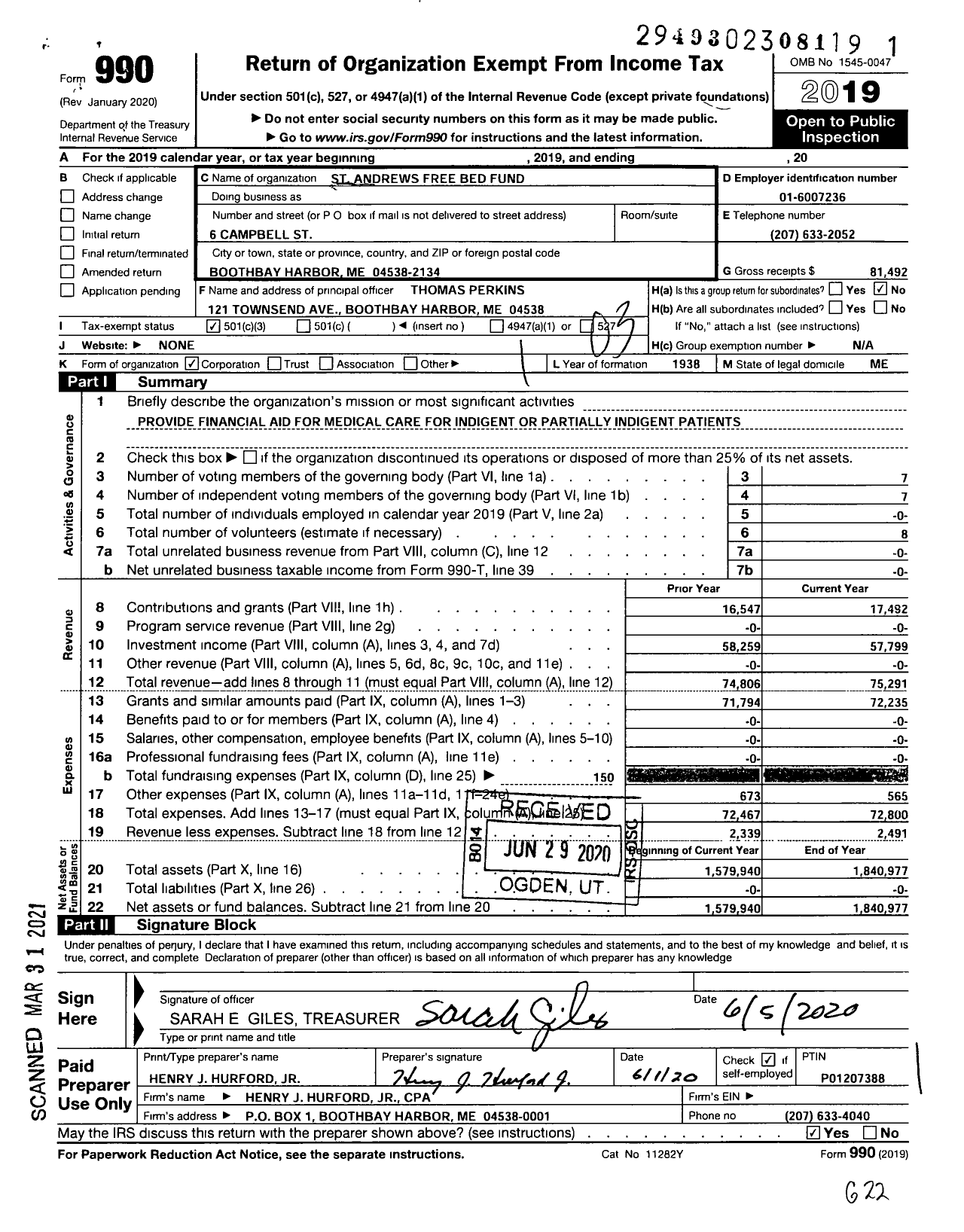 Image of first page of 2019 Form 990 for Saint Andrews Free Bed Fund