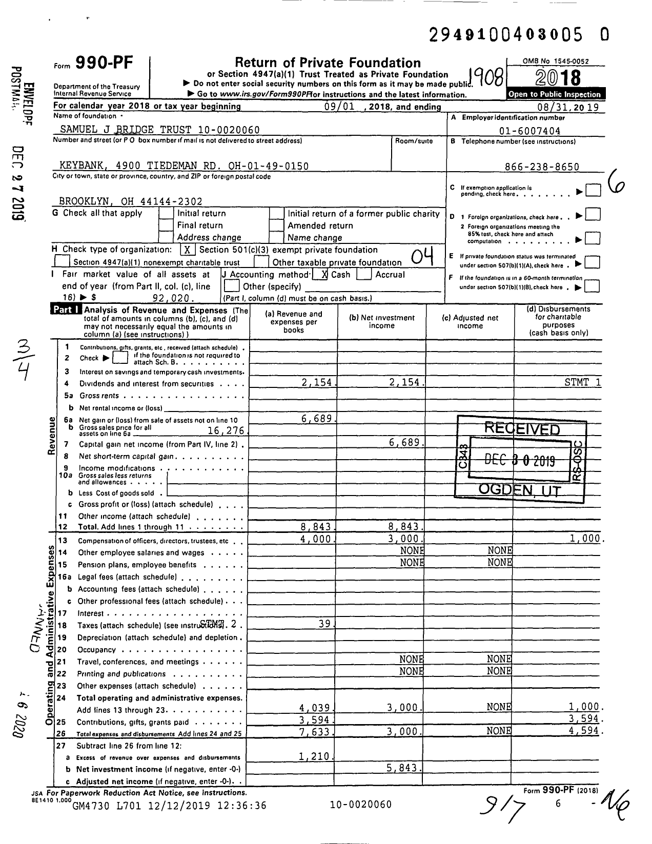 Image of first page of 2018 Form 990PR for Samuel J Bridge Trust