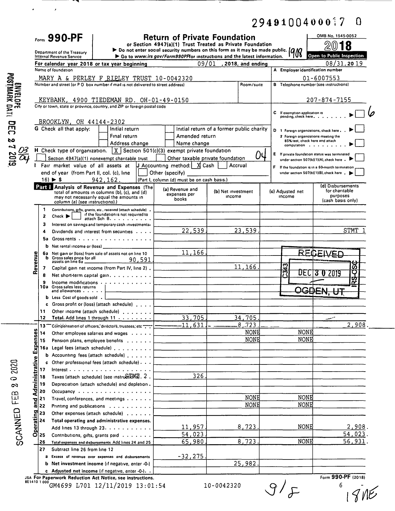 Image of first page of 2018 Form 990PR for Mary A and Perley F Ripley Trust