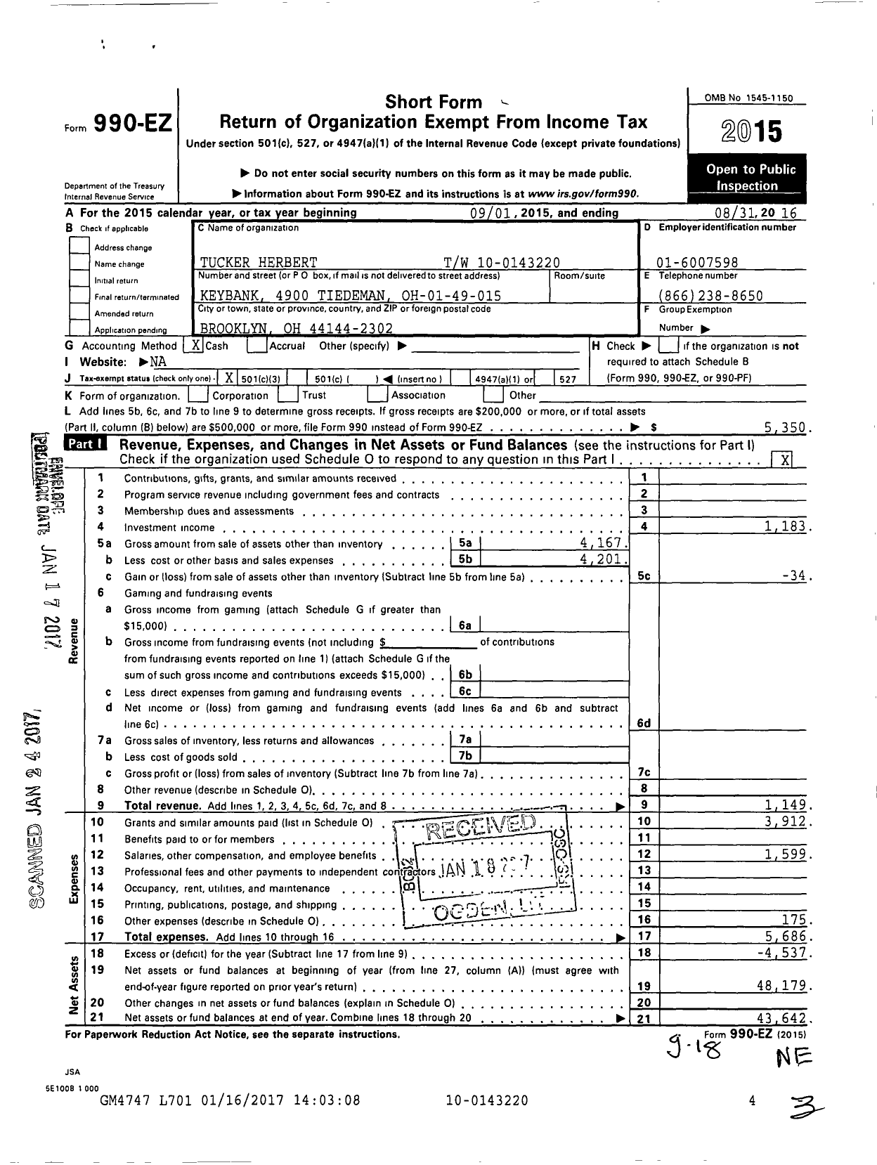 Image of first page of 2015 Form 990EZ for Tucker Herbert TW