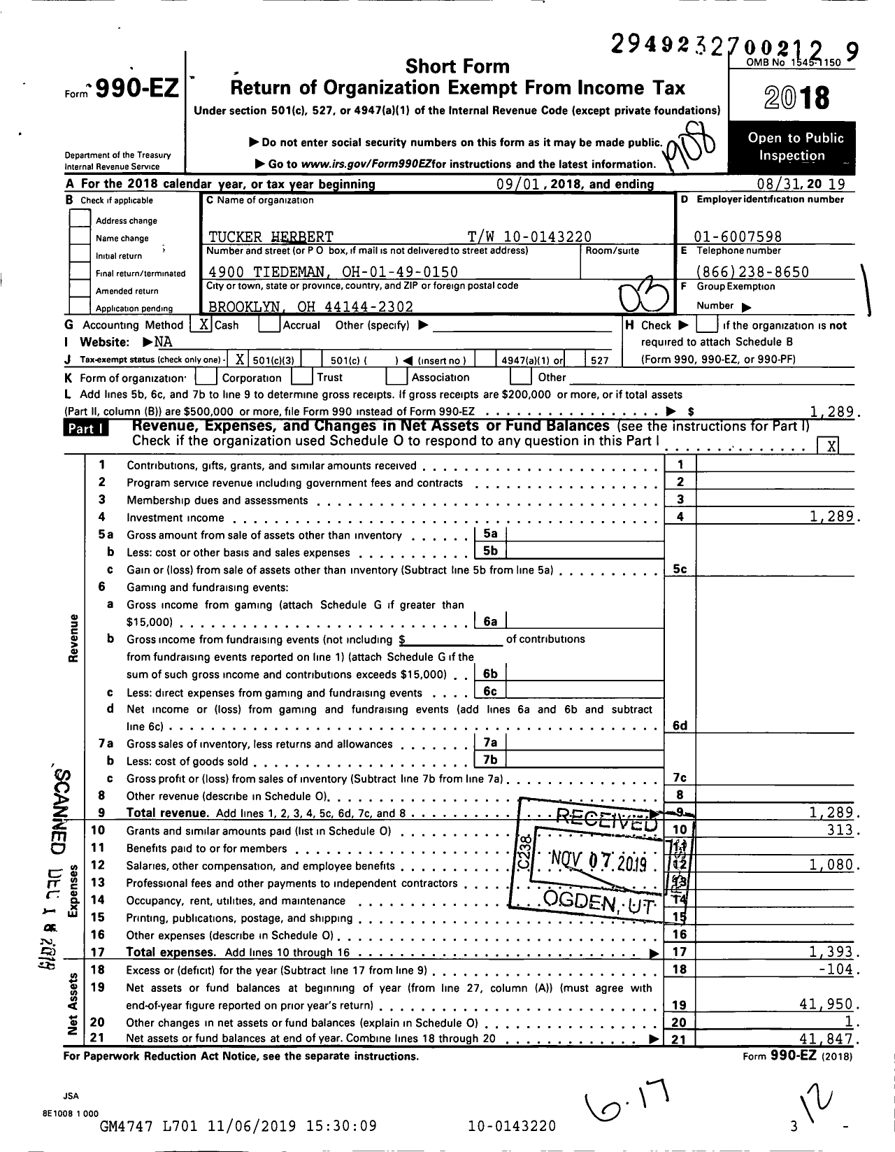 Image of first page of 2018 Form 990EZ for Tucker Herbert TW