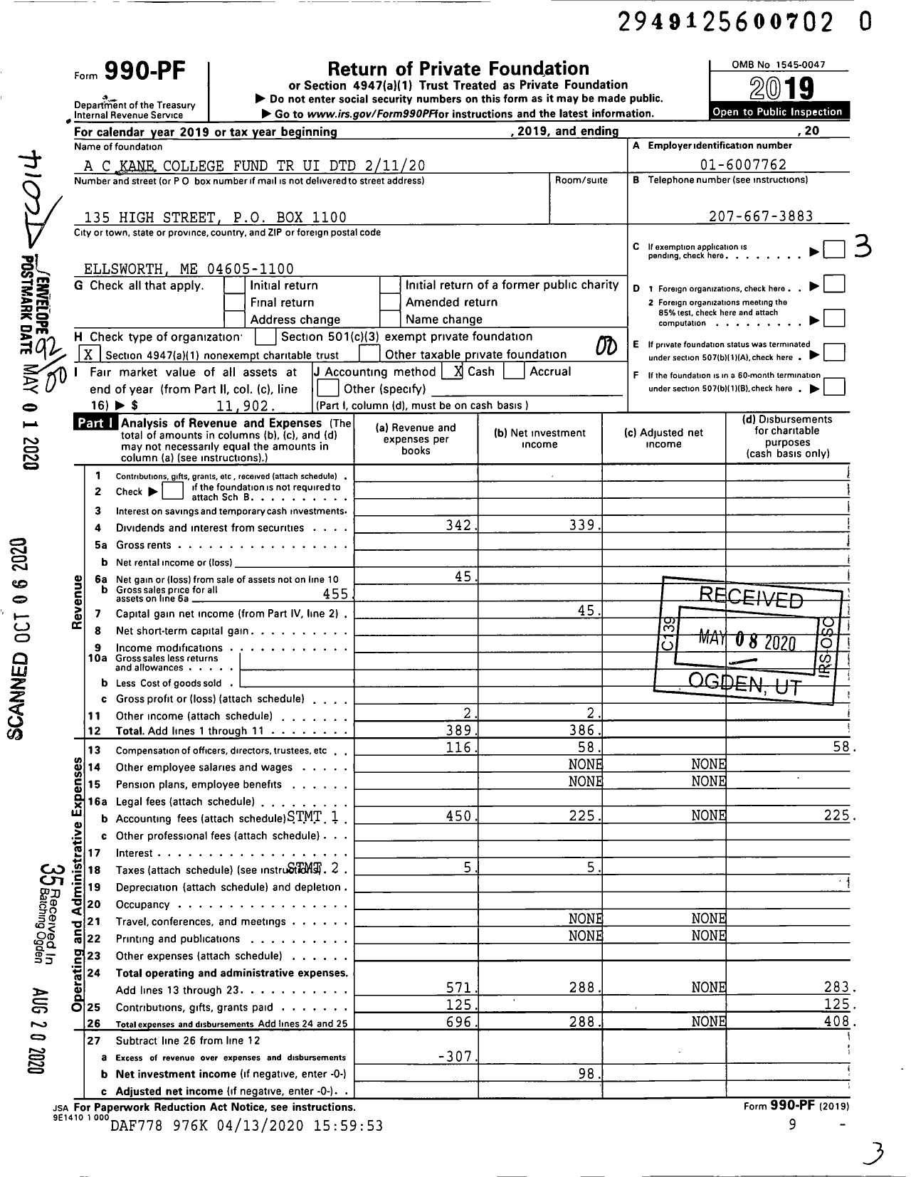 Image of first page of 2019 Form 990PR for A C Kane College Fund TR Ui DTD 21120