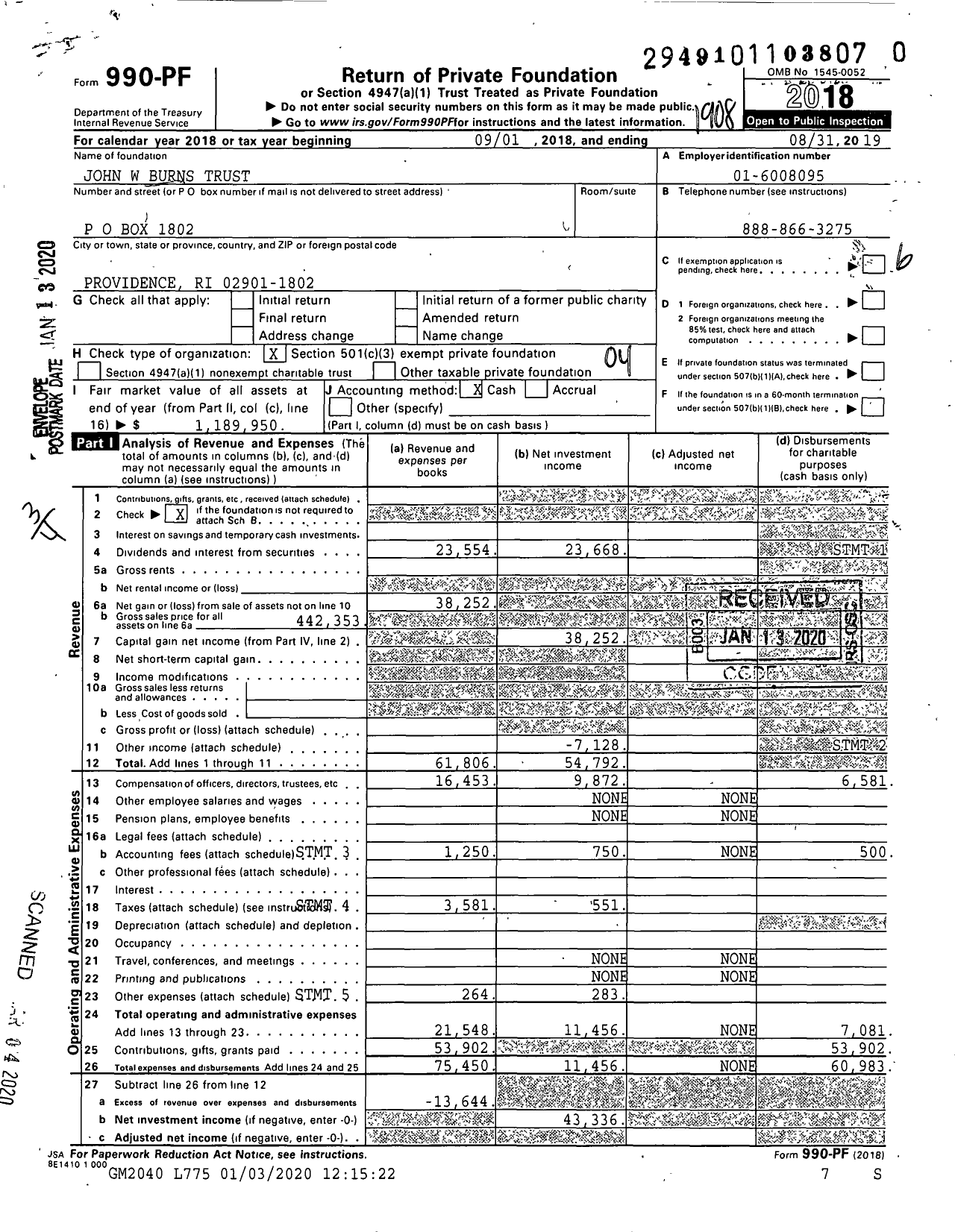 Image of first page of 2018 Form 990PR for John W Burns Trust