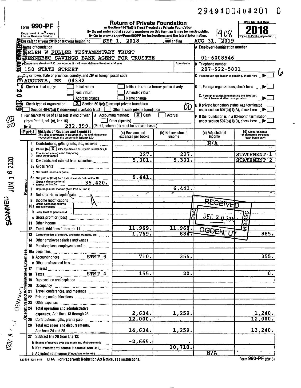 Image of first page of 2018 Form 990PR for Helen W Fuller Testamentary Trust