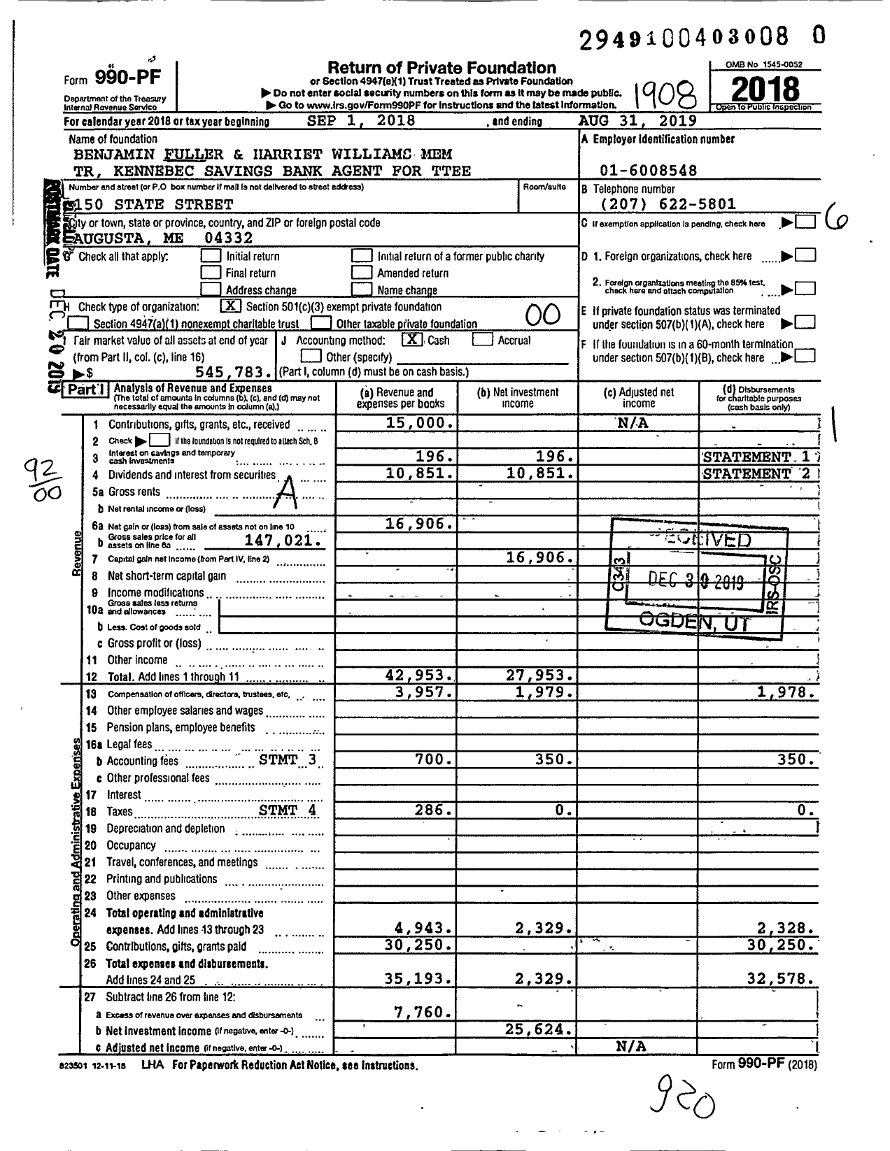 Image of first page of 2018 Form 990PR for Benjamin and Harriet Fuller Memorial Trust Fund