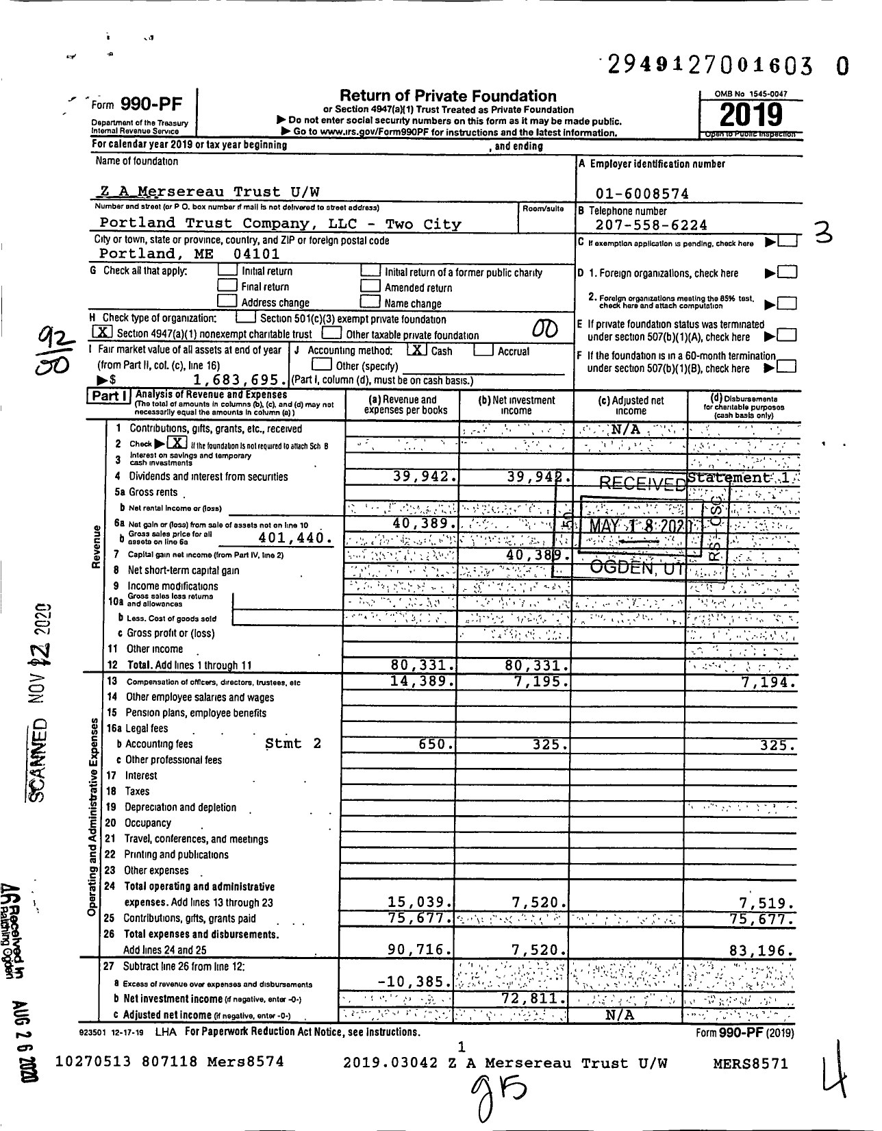 Image of first page of 2019 Form 990PF for Z A Mersereau Trust Uw