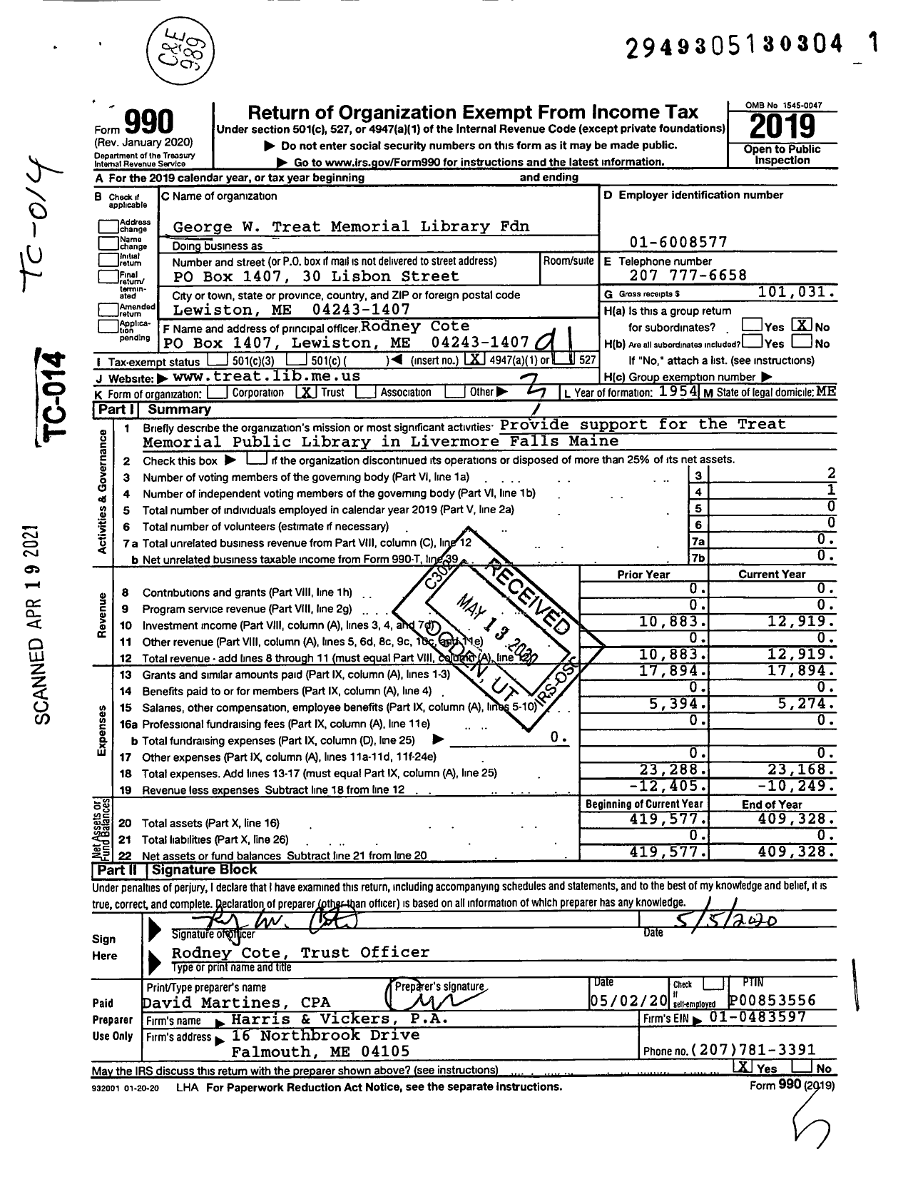 Image of first page of 2019 Form 990O for George W Treat Memorial Library Fund