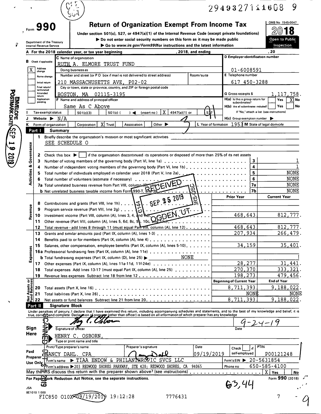 Image of first page of 2018 Form 990O for Ruth A Elmore Trust Fund