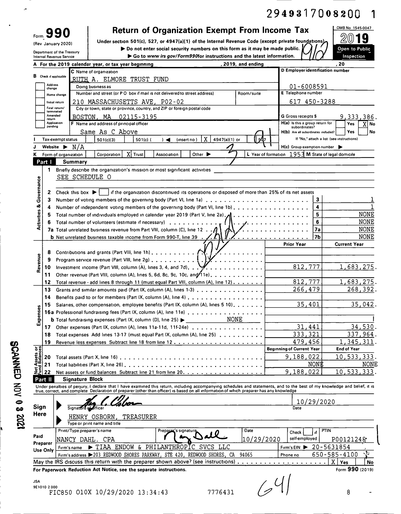 Image of first page of 2019 Form 990O for Ruth A Elmore Trust Fund