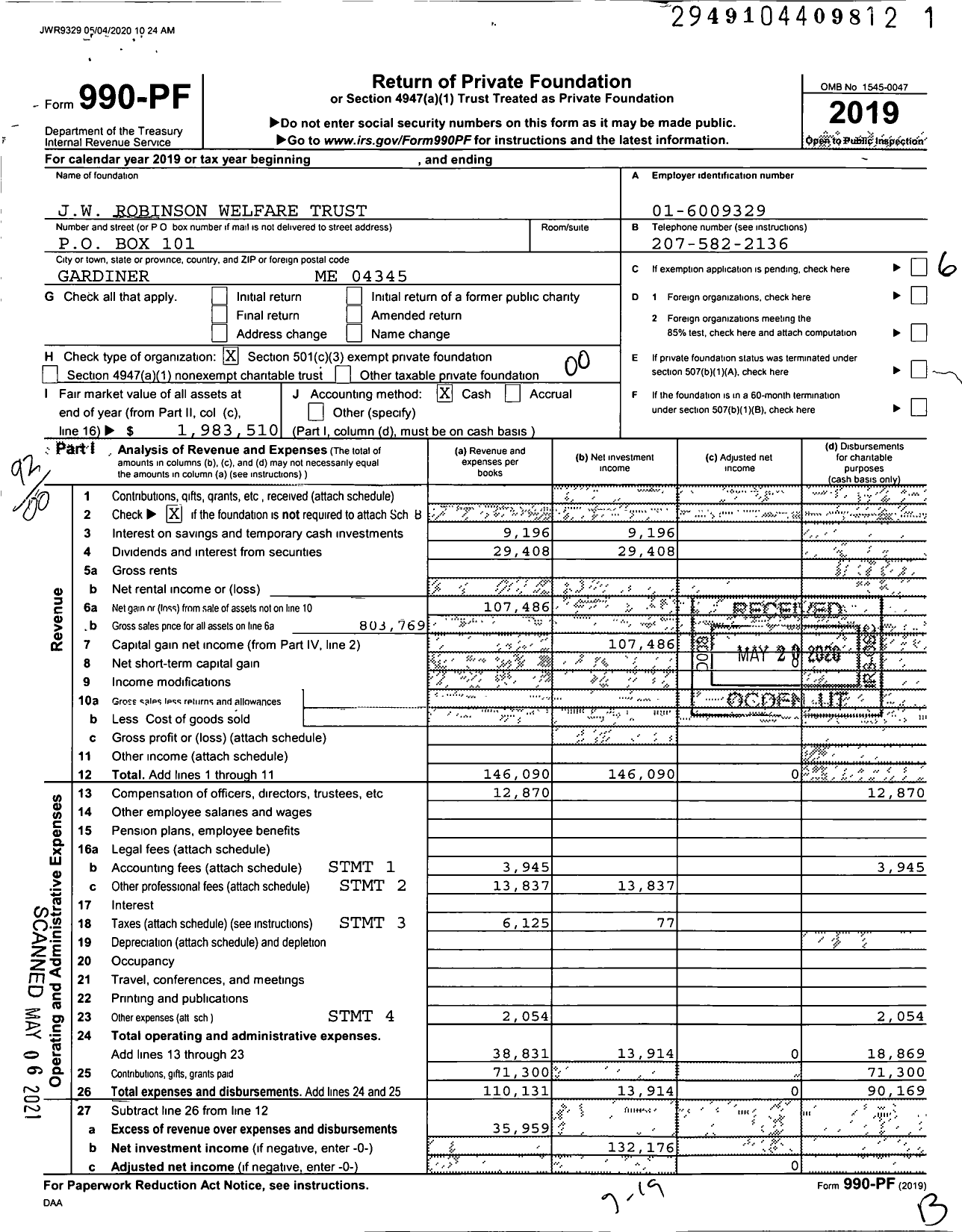 Image of first page of 2019 Form 990PF for JW Robinson Welfare Trust