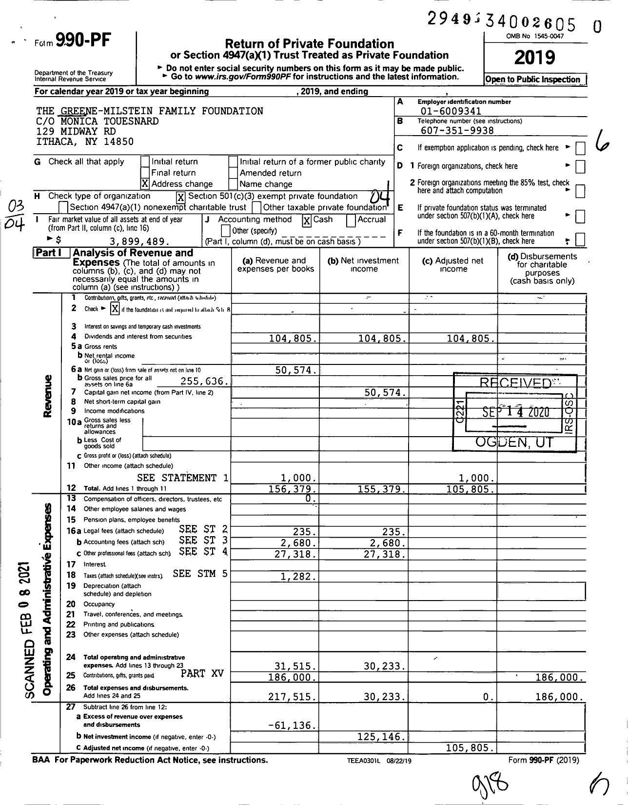 Image of first page of 2019 Form 990PF for The Greene-Milstein Family Foundation