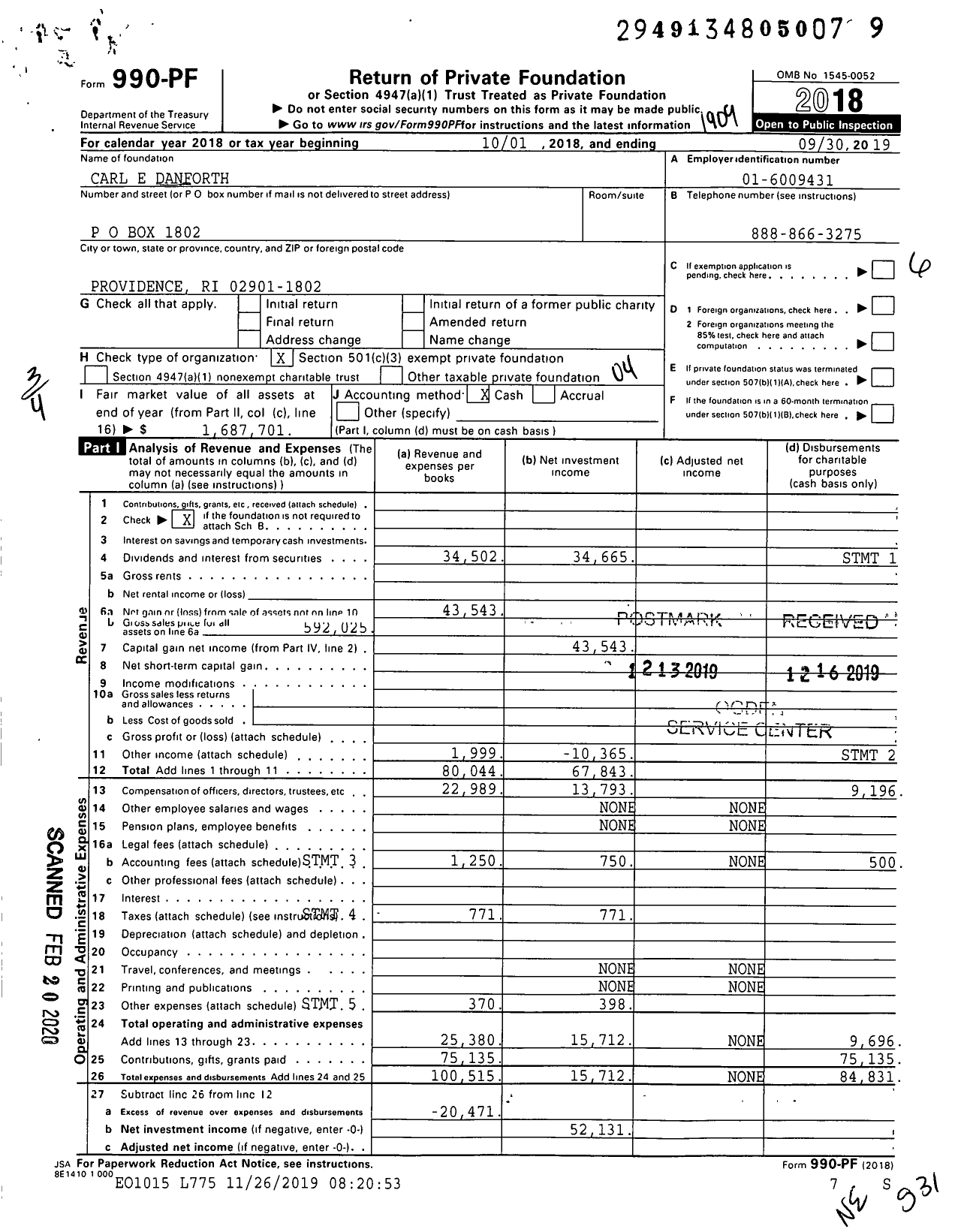 Image of first page of 2018 Form 990PF for Carl E Danforth