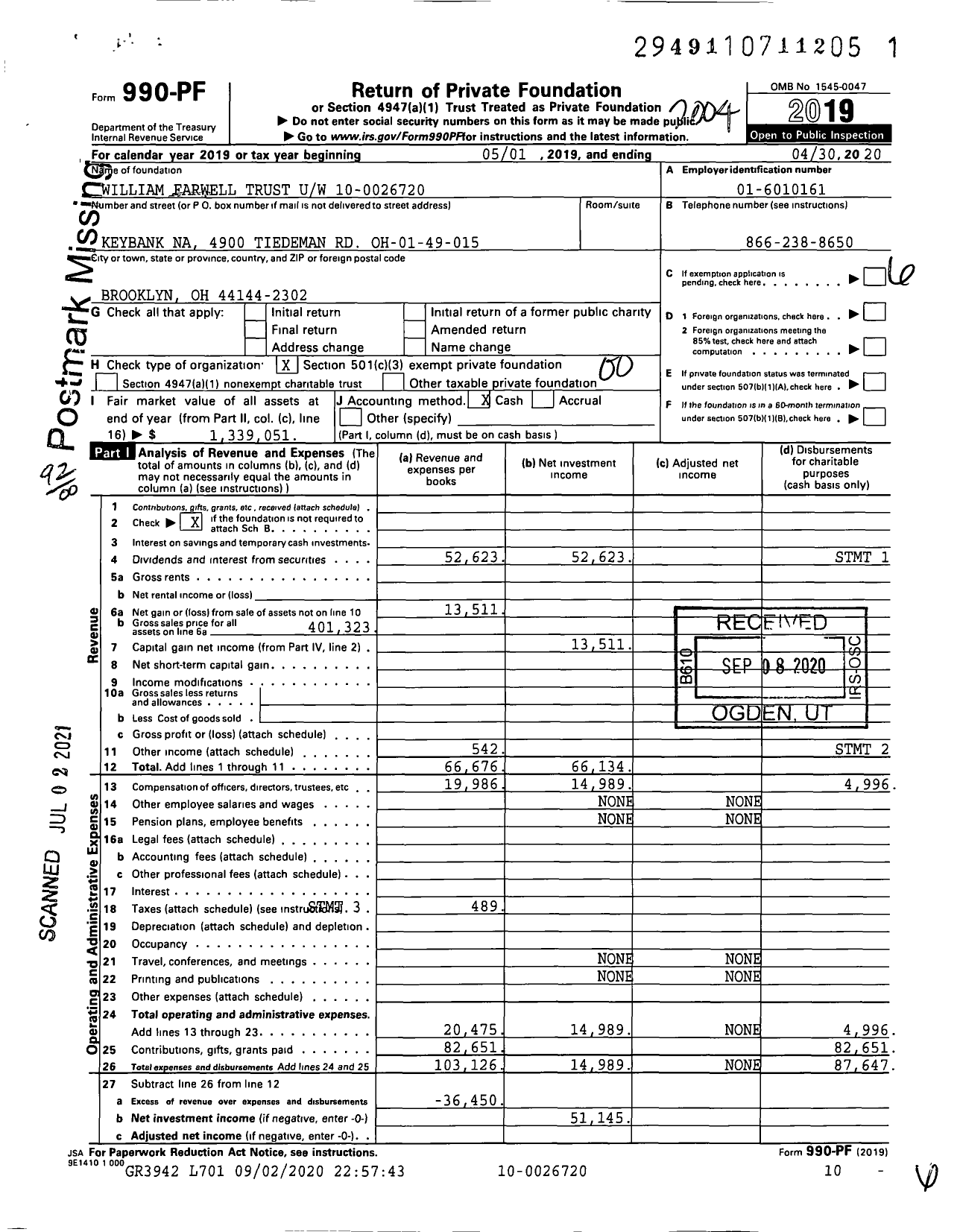 Image of first page of 2019 Form 990PF for William Farwell Trust Uw