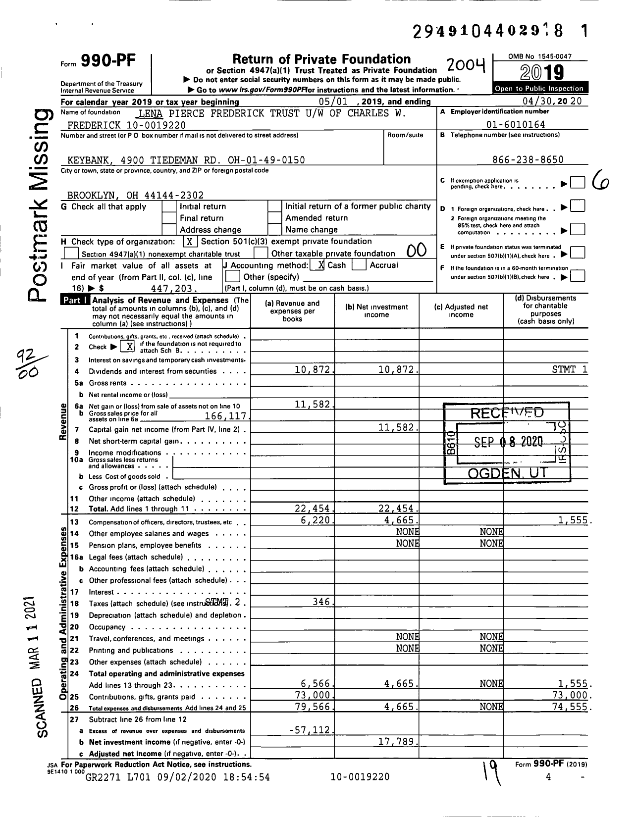 Image of first page of 2019 Form 990PF for Lena Pierce Frederick Trust Uw of Charles W