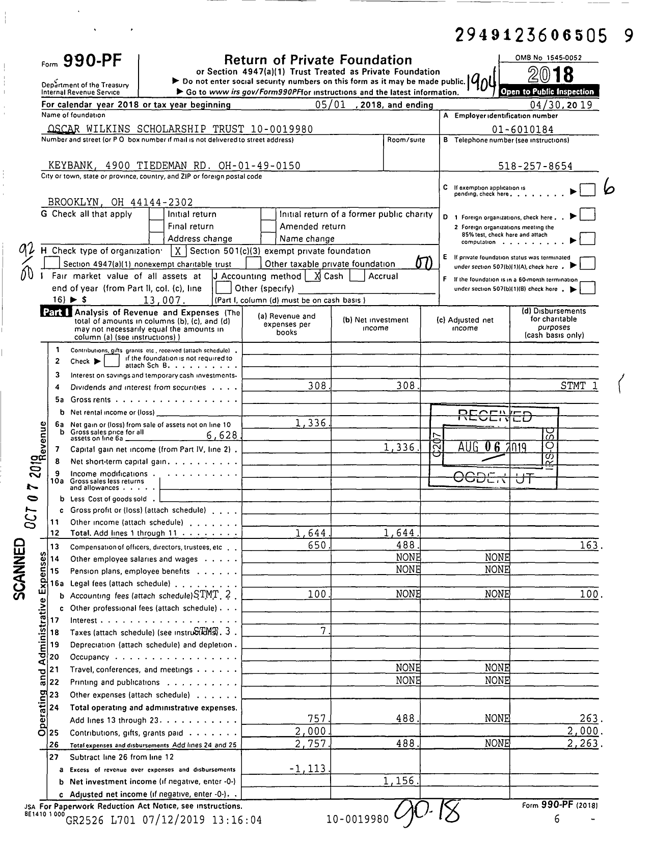 Image of first page of 2018 Form 990PF for Oscar Wilkins Scholarship Trust